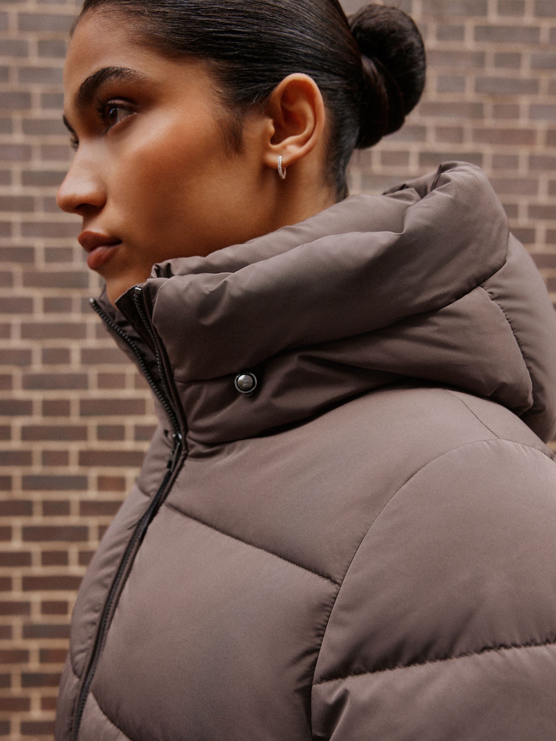 Shower Resistant Hooded Long Padded Puffer Coat - Chocolate Brown - Regular - Location Worn
