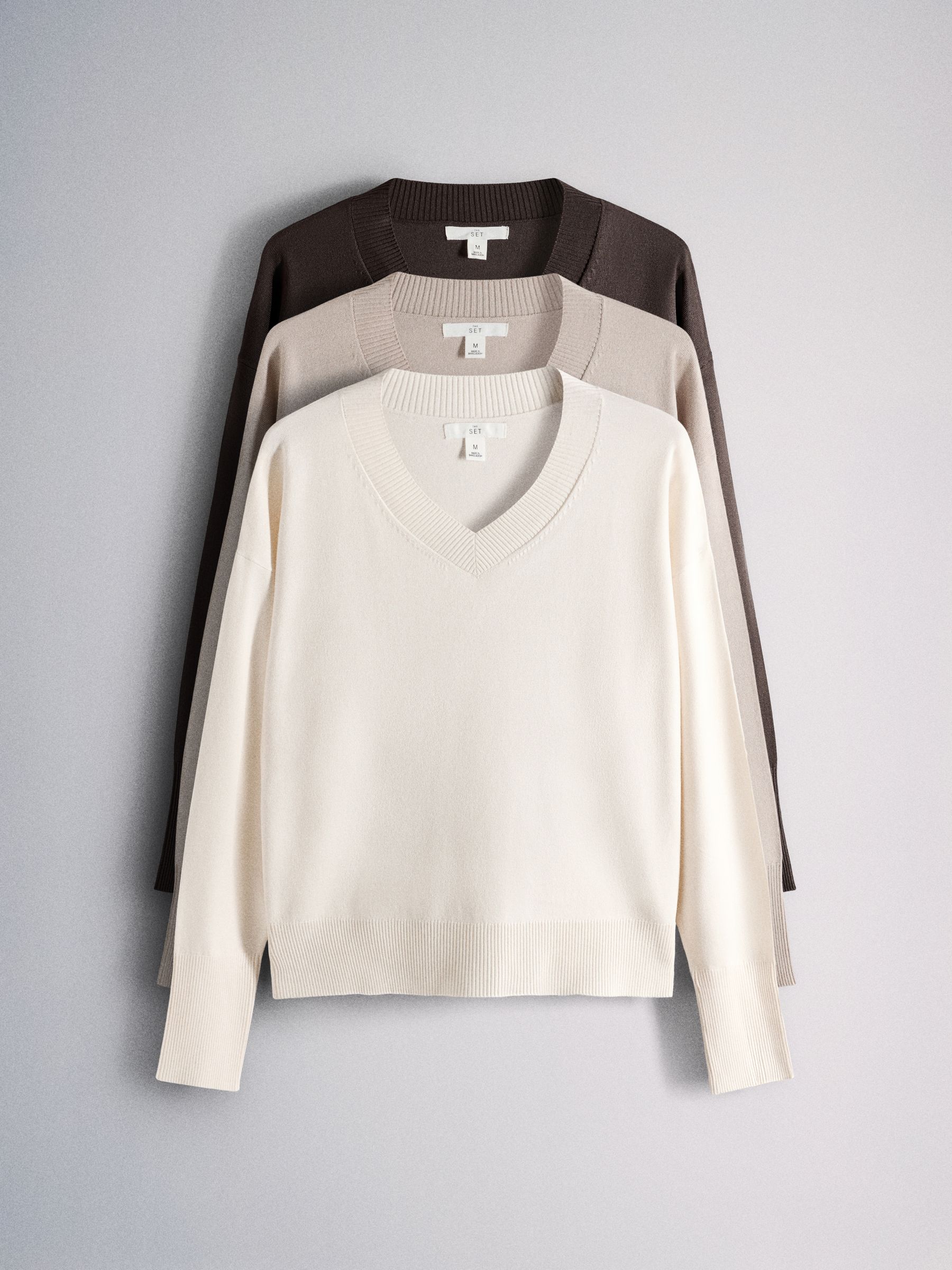 The Set Fine Knitted V-Neck Jumpers - Chocolate Brown/Taupe Brown/Cream - 3 Pack - SIP Still Life