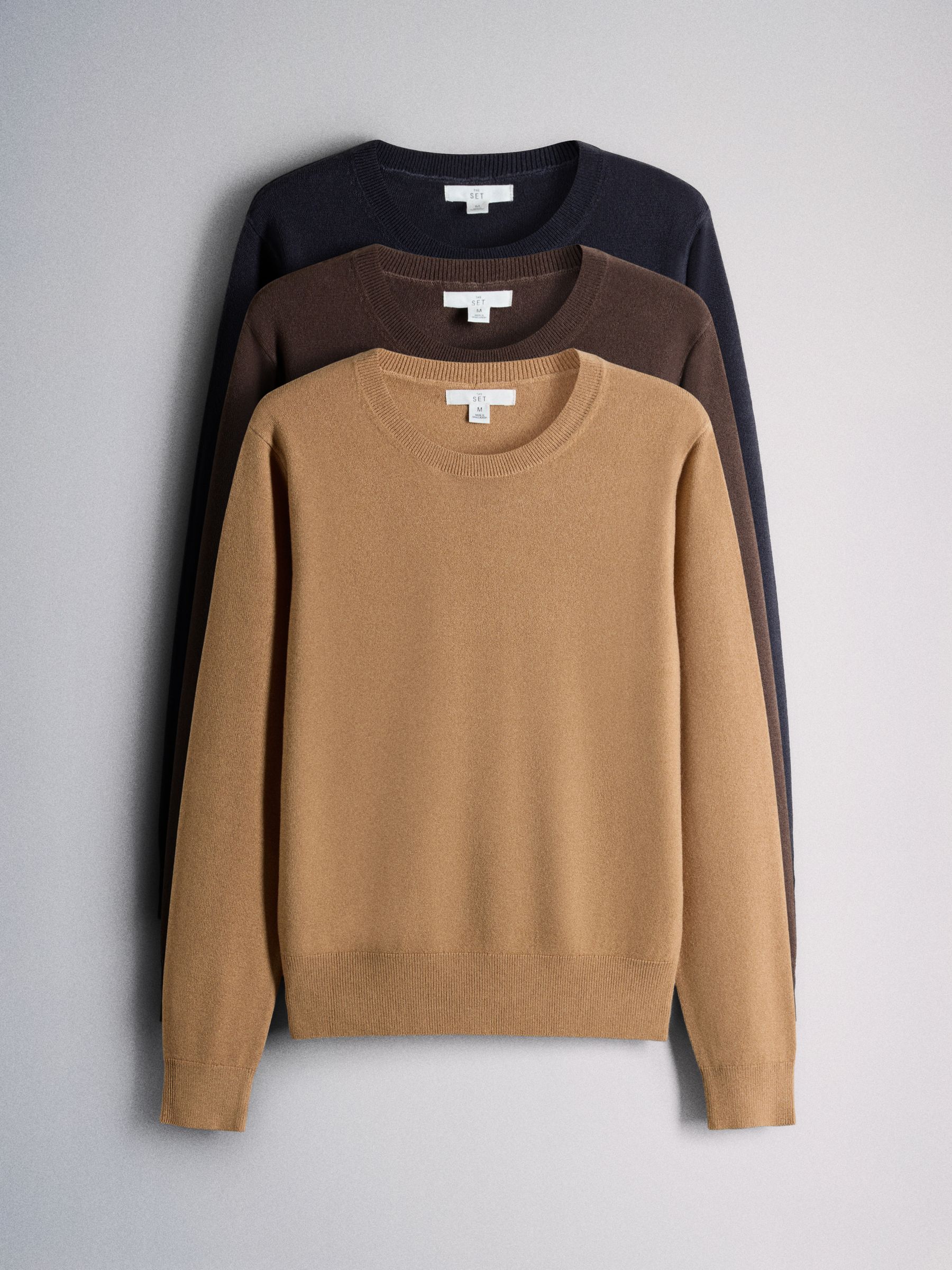 The Set 3 Pack Soft Knit Crew Neck Long Sleeve Jumpers - Caramel Brown/Chocolate Brown/Navy Blue - Regular - SIP Still Life