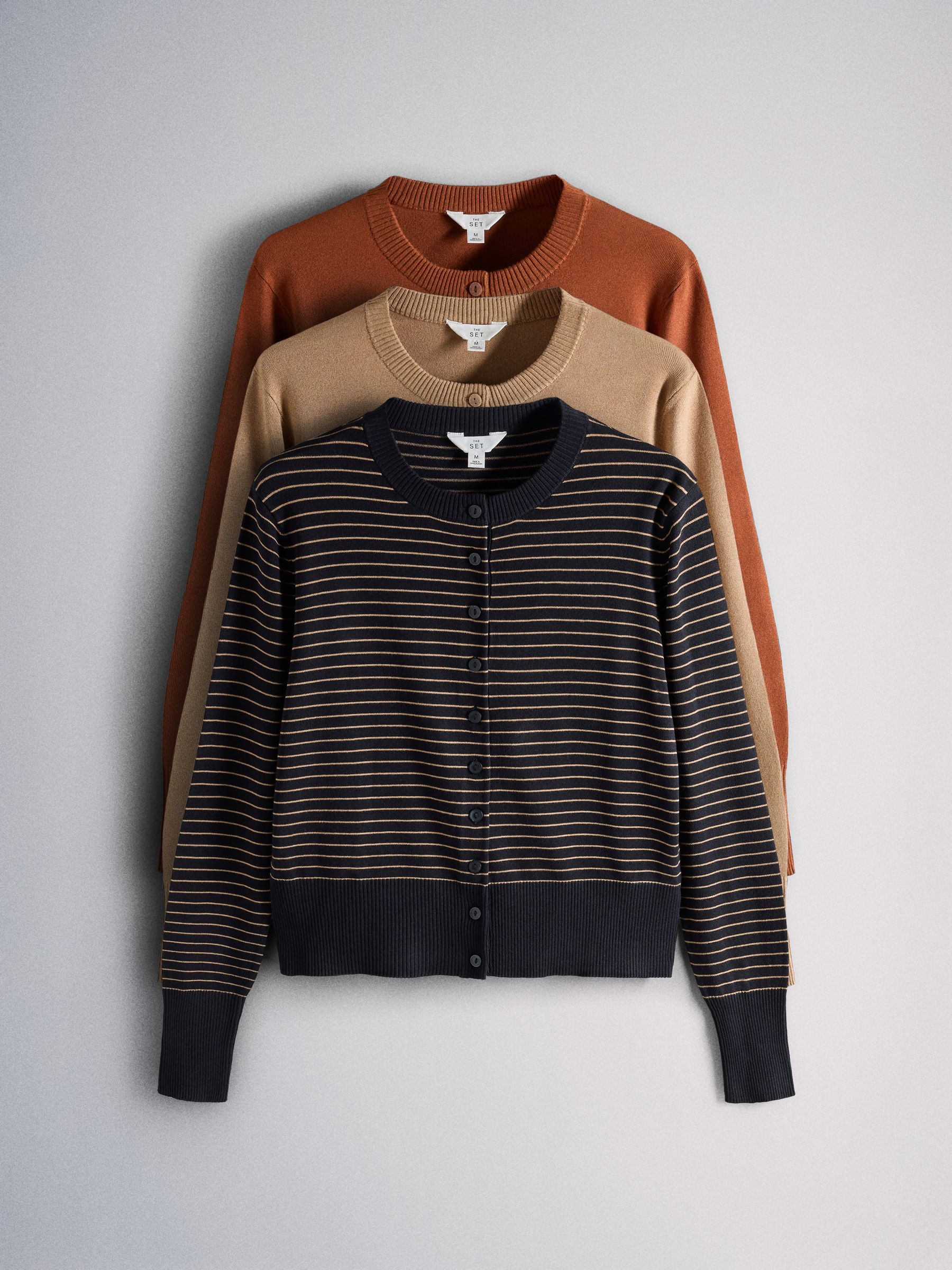 The Set Fine Knitted Crew Neck Cardigans - Caramel/Burnt Orange/Navy Blue Stripe - 3 Pack - SIP Still Life