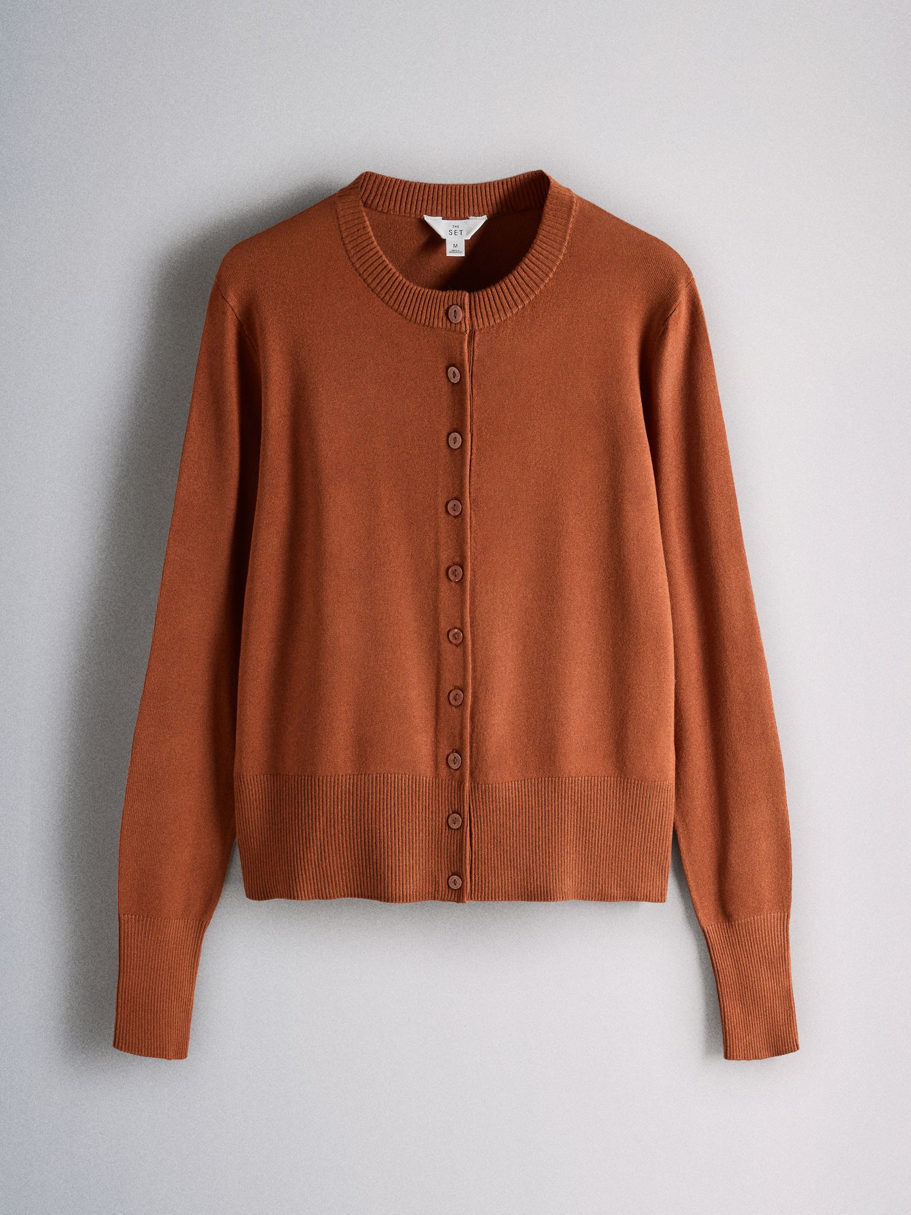 The Set Fine Knitted Crew Neck Cardigans - Caramel/Burnt Orange/Navy Blue Stripe - 3 Pack - SIP Still Life