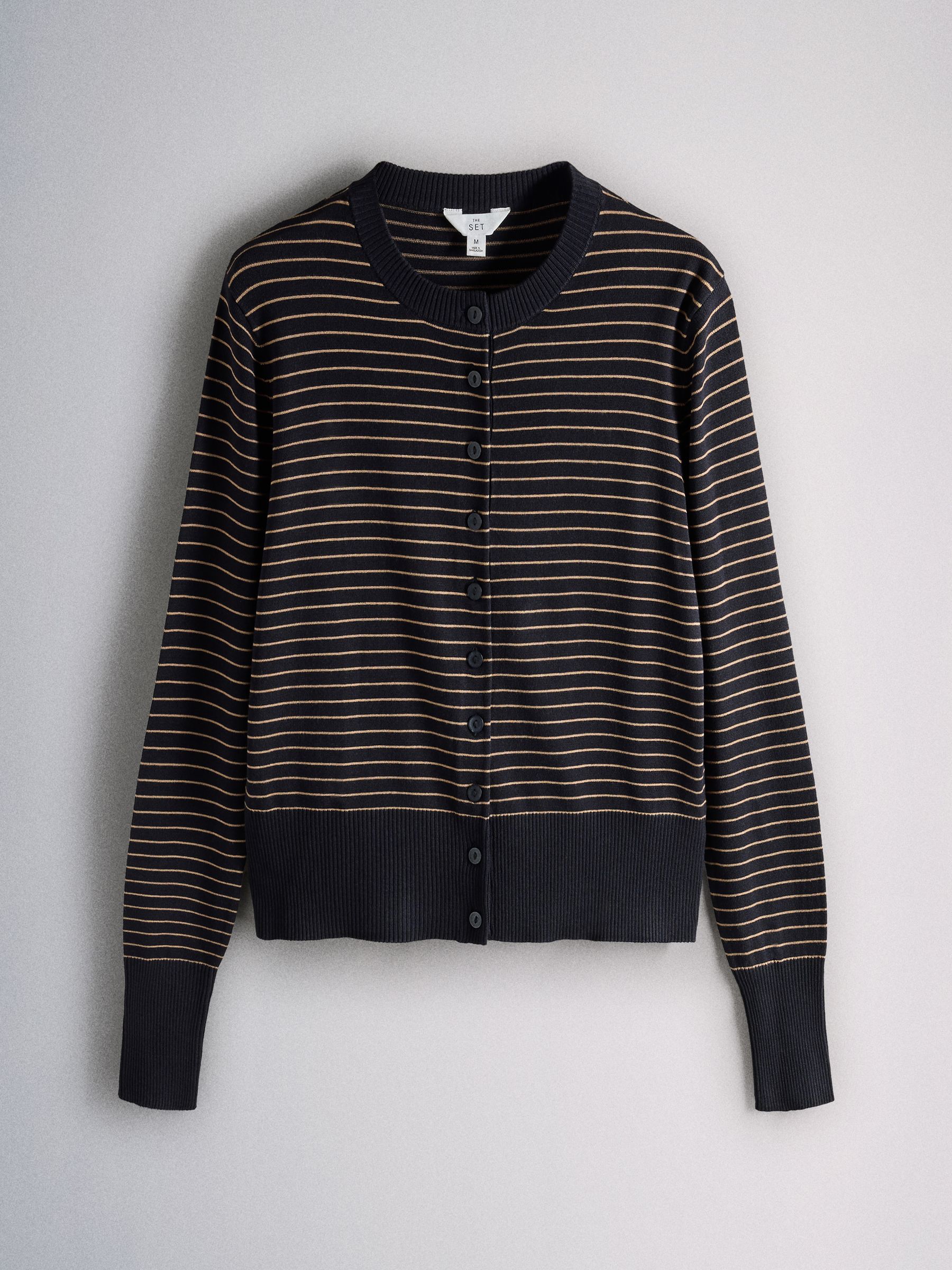 The Set Fine Knitted Crew Neck Cardigans - Caramel/Burnt Orange/Navy Blue Stripe - 3 Pack - SIP Still Life