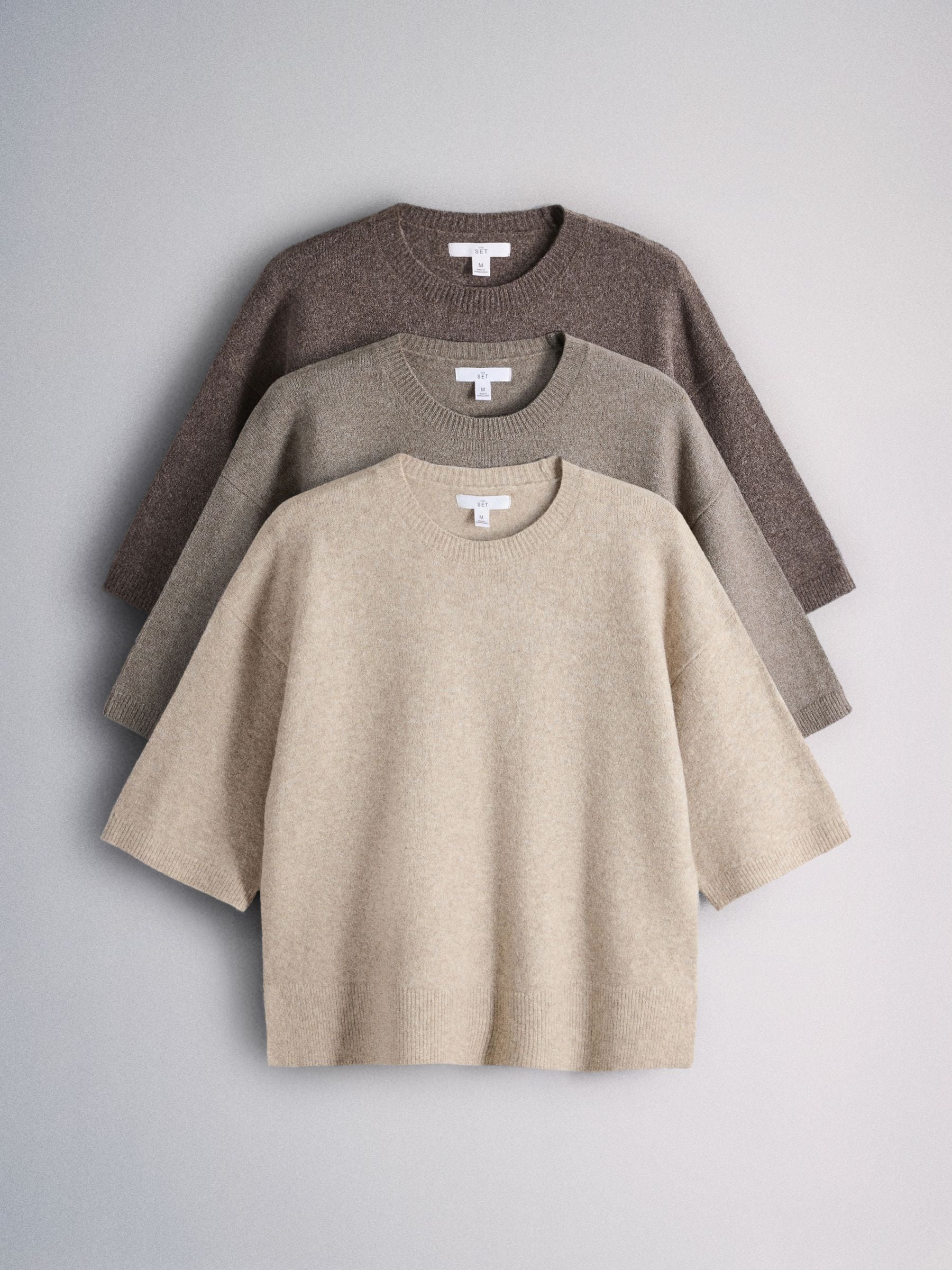 The Set 3 Pack Crew Neck Knitted T-Shirts - Oatmeal/Stone Brown/Chocolate Brown - Regular - SIP Still Life