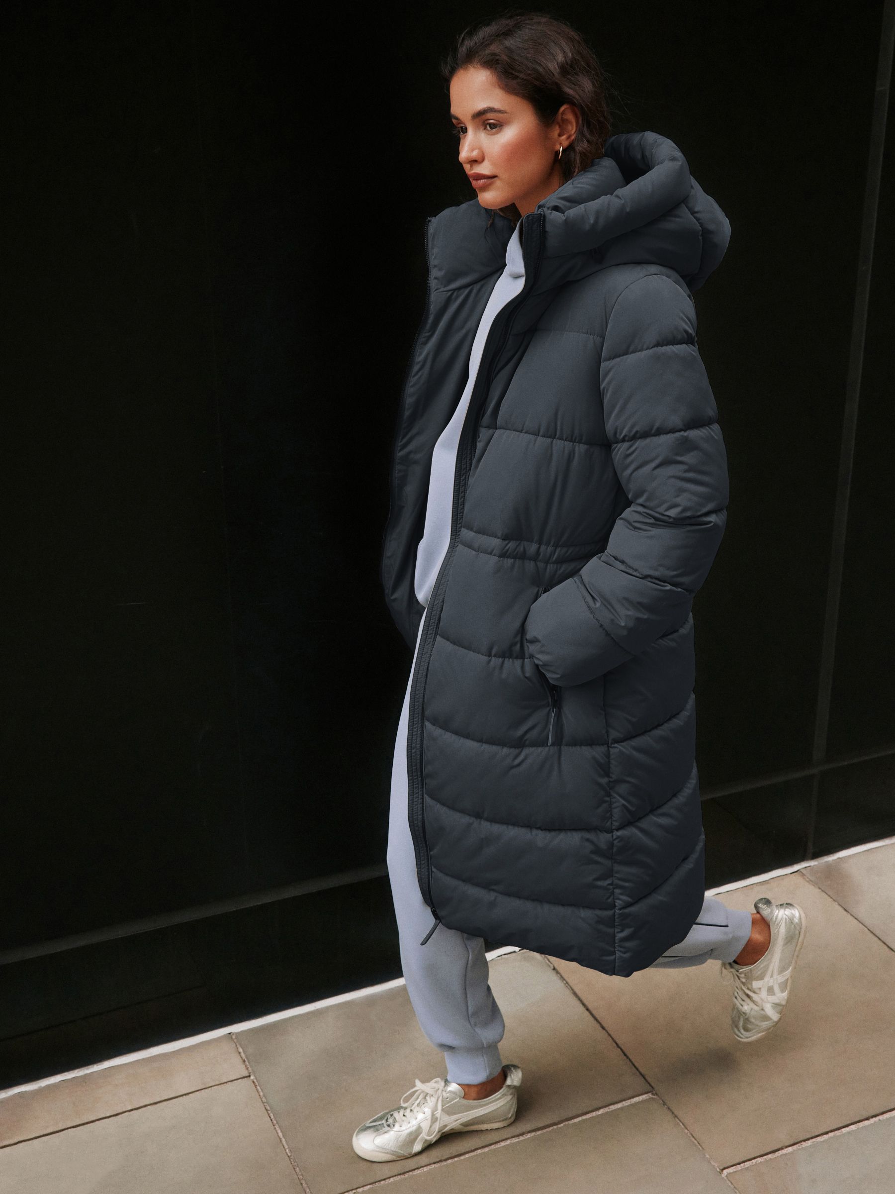 Shower Resistant Hooded Long Padded Puffer Coat - Teal Grey - Regular - Location Worn