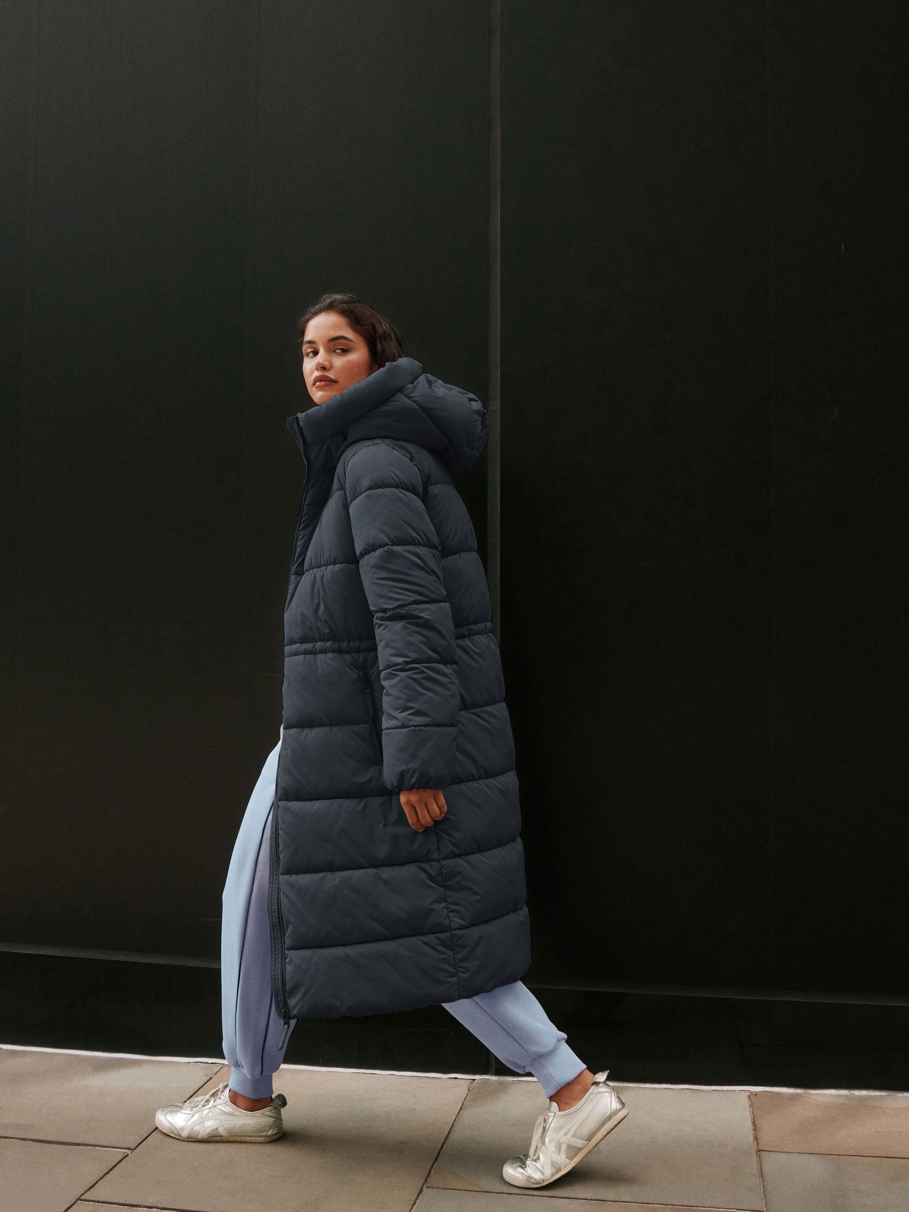 Shower Resistant Hooded Long Padded Puffer Coat - Teal Grey - Regular - Location Worn