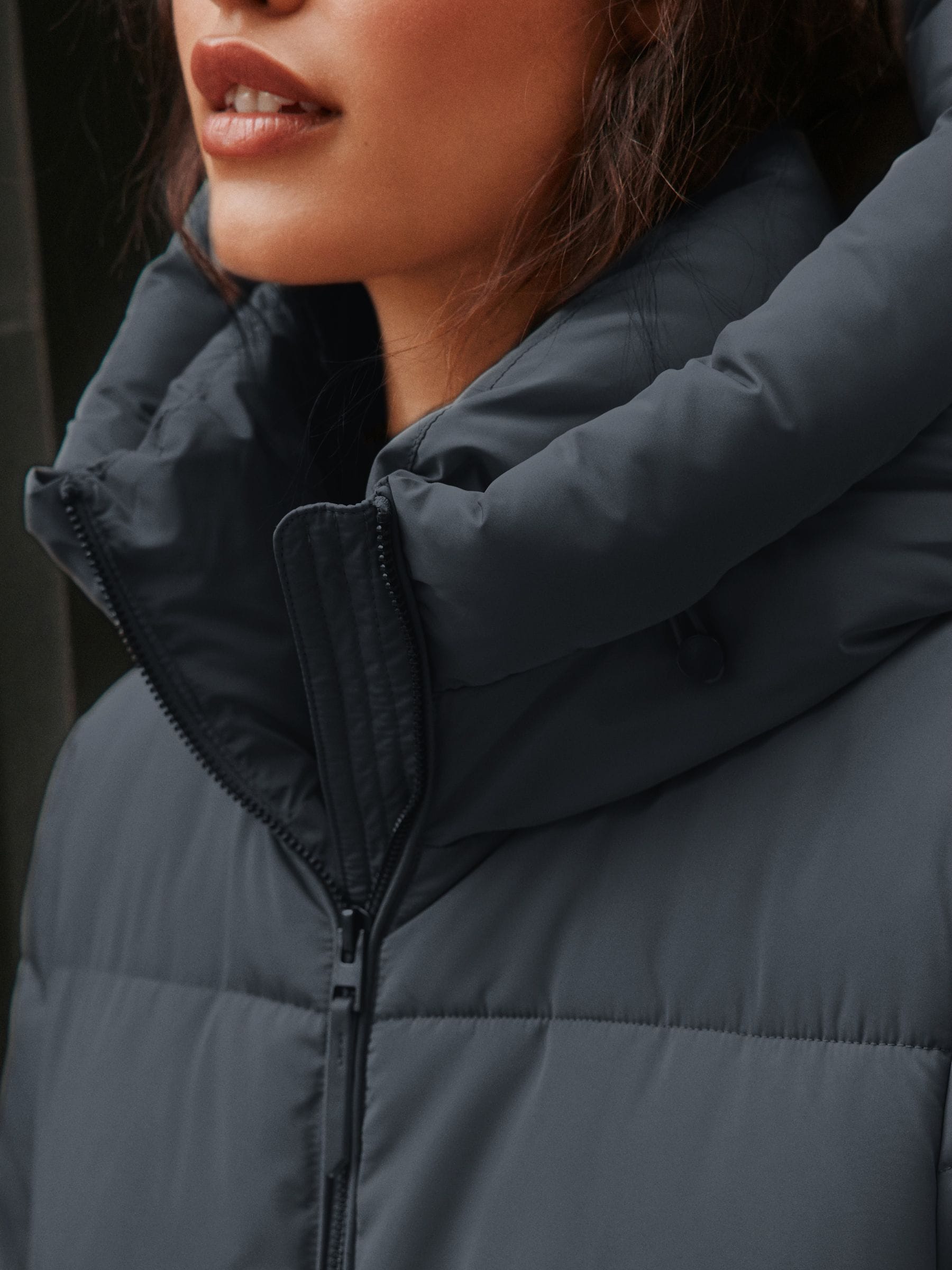 Shower Resistant Hooded Long Padded Puffer Coat - Teal Grey - Regular - Location Worn