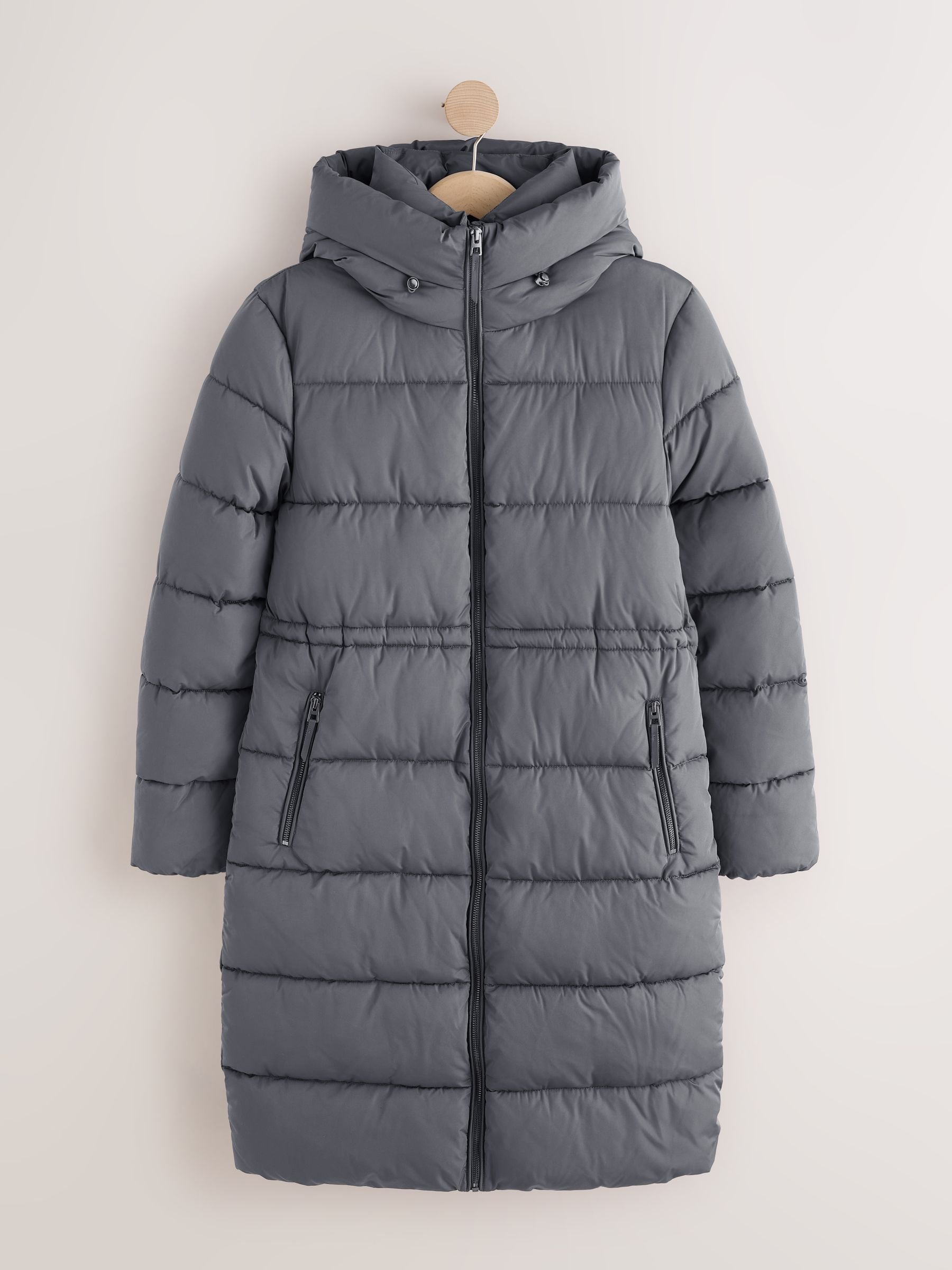 Shower Resistant Hooded Long Padded Puffer Coat - Teal Grey - Regular - SIP Still Life