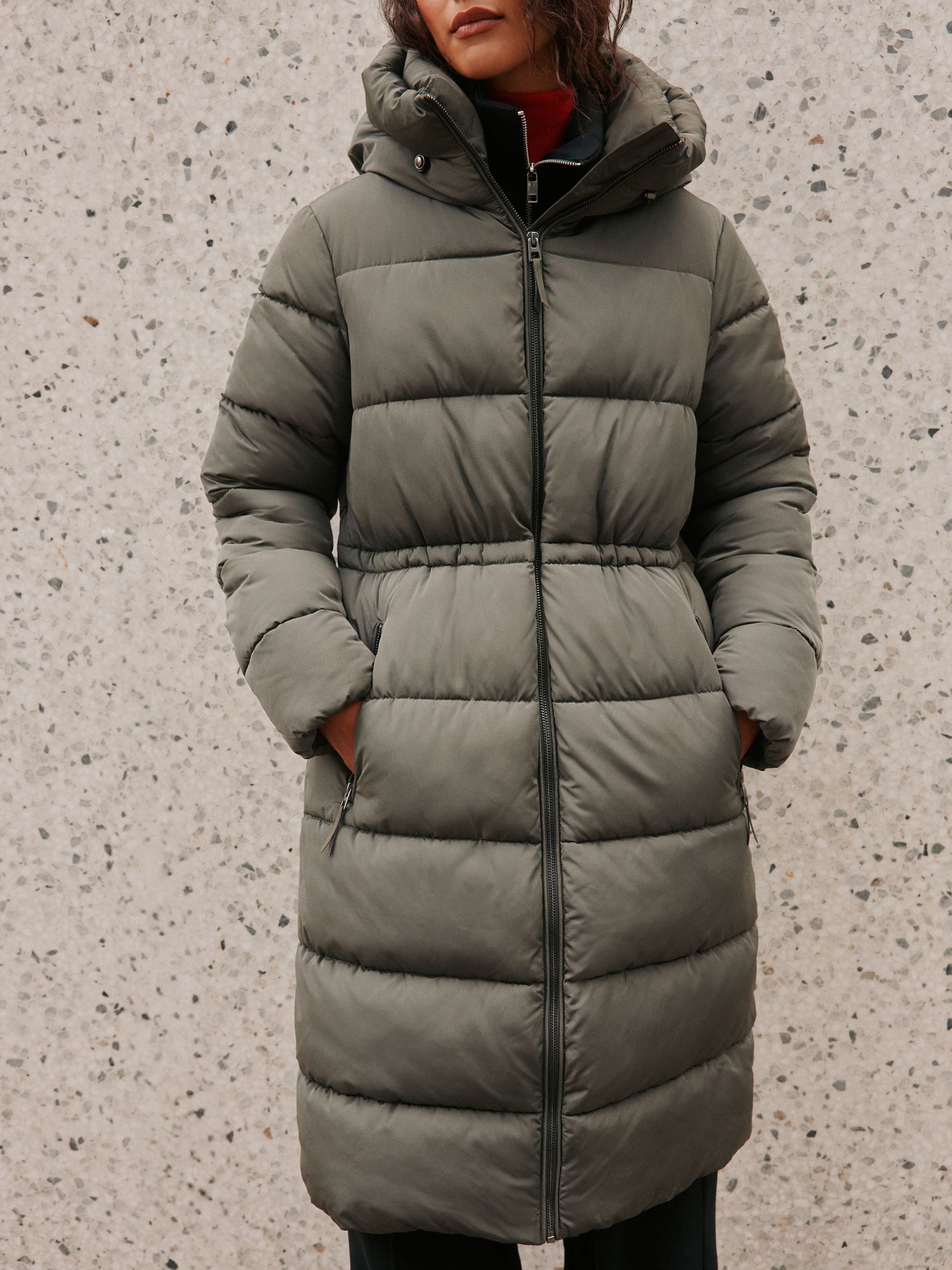 Shower Resistant Hooded Long Padded Puffer Coat - Khaki Green - Regular - Location Worn