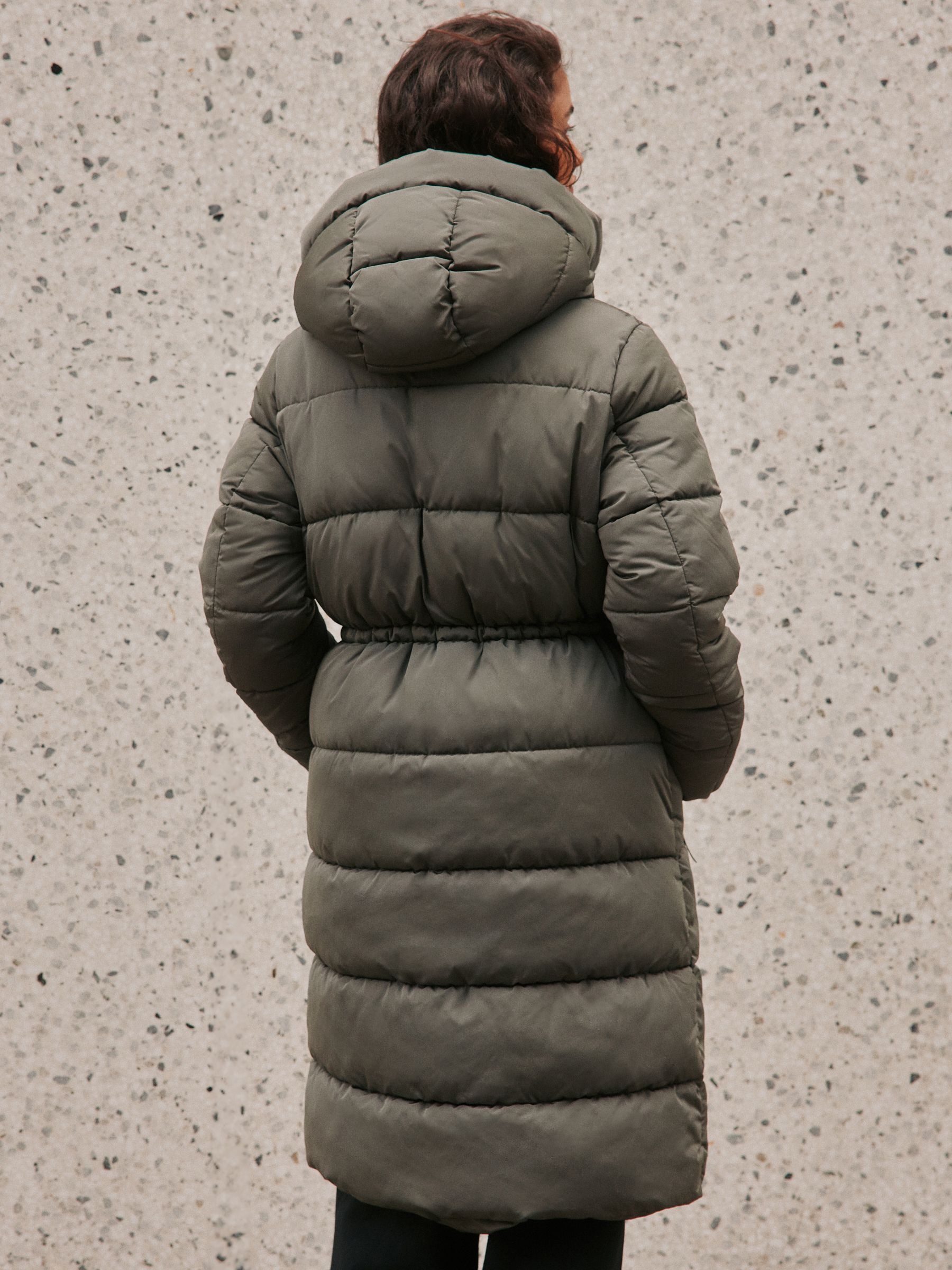 Shower Resistant Hooded Long Padded Puffer Coat - Khaki Green - Regular - Location Worn