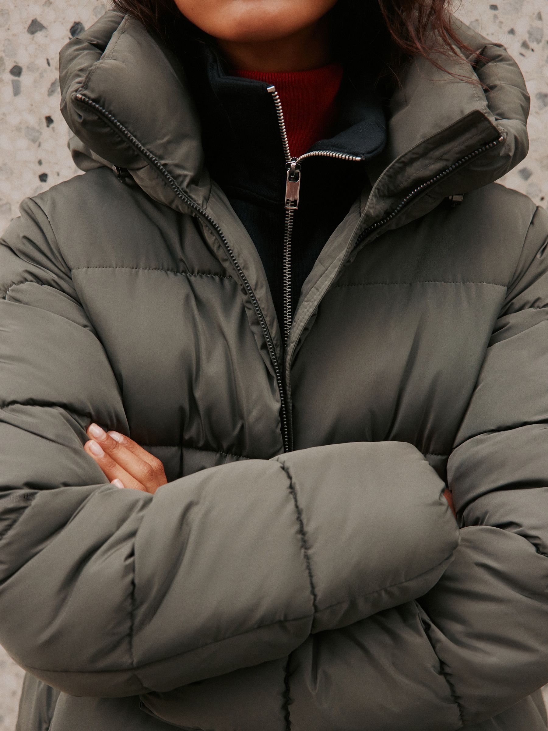 Shower Resistant Hooded Long Padded Puffer Coat - Khaki Green - Regular - Location Worn