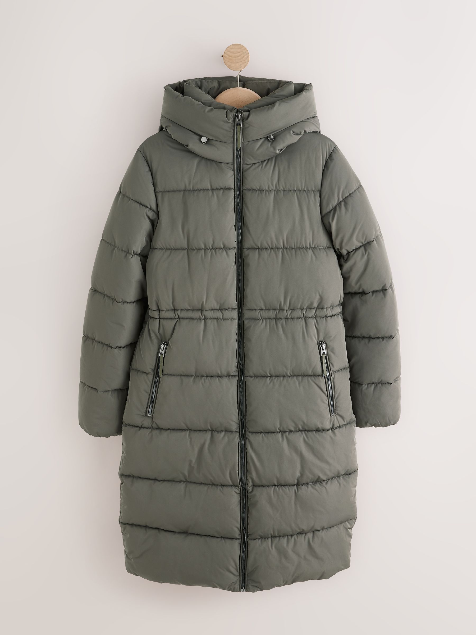 Shower Resistant Hooded Long Padded Puffer Coat - Khaki Green - Regular - SIP Still Life