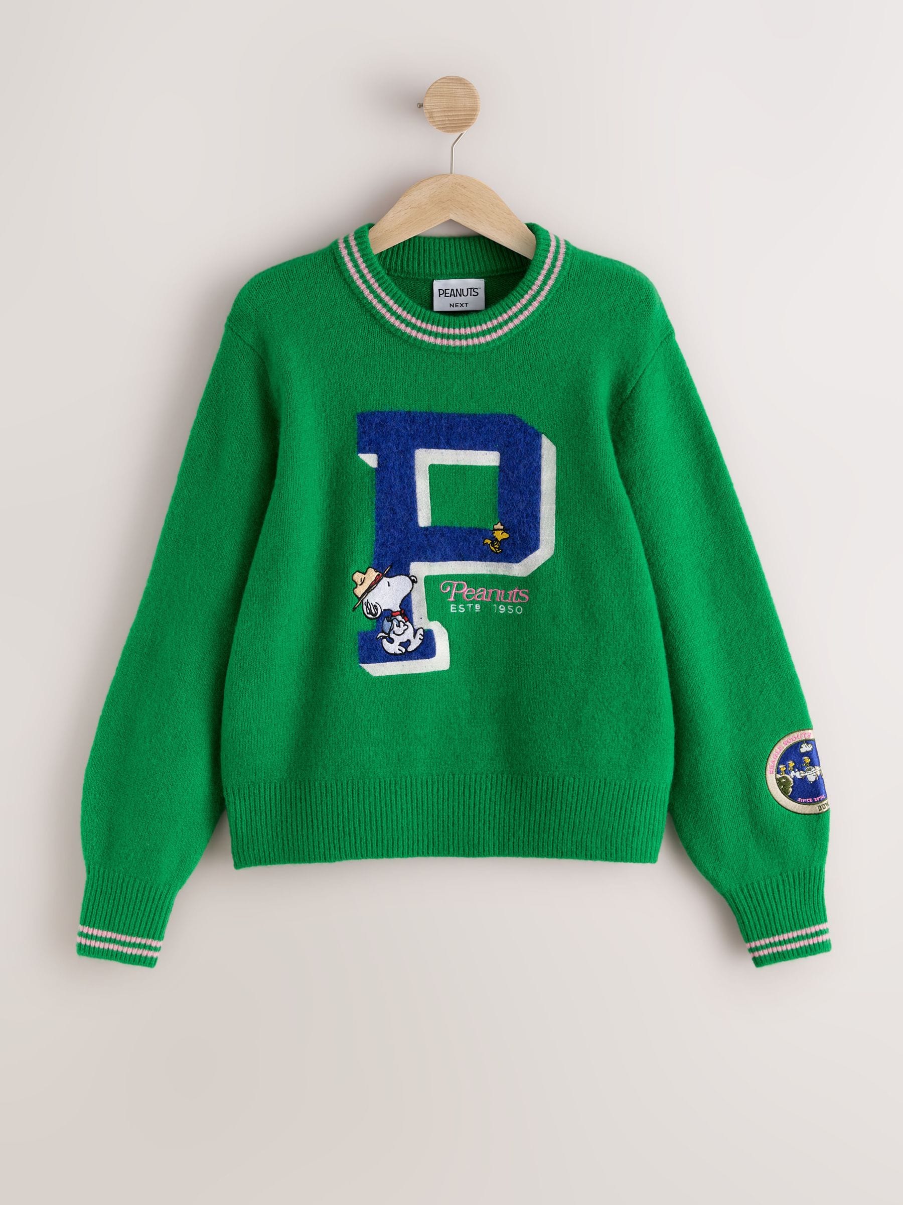 Long Sleeve Crew Neck Knitted Jumper With Wool - Green Peanuts Snoopy License - Regular - SIP Still Life
