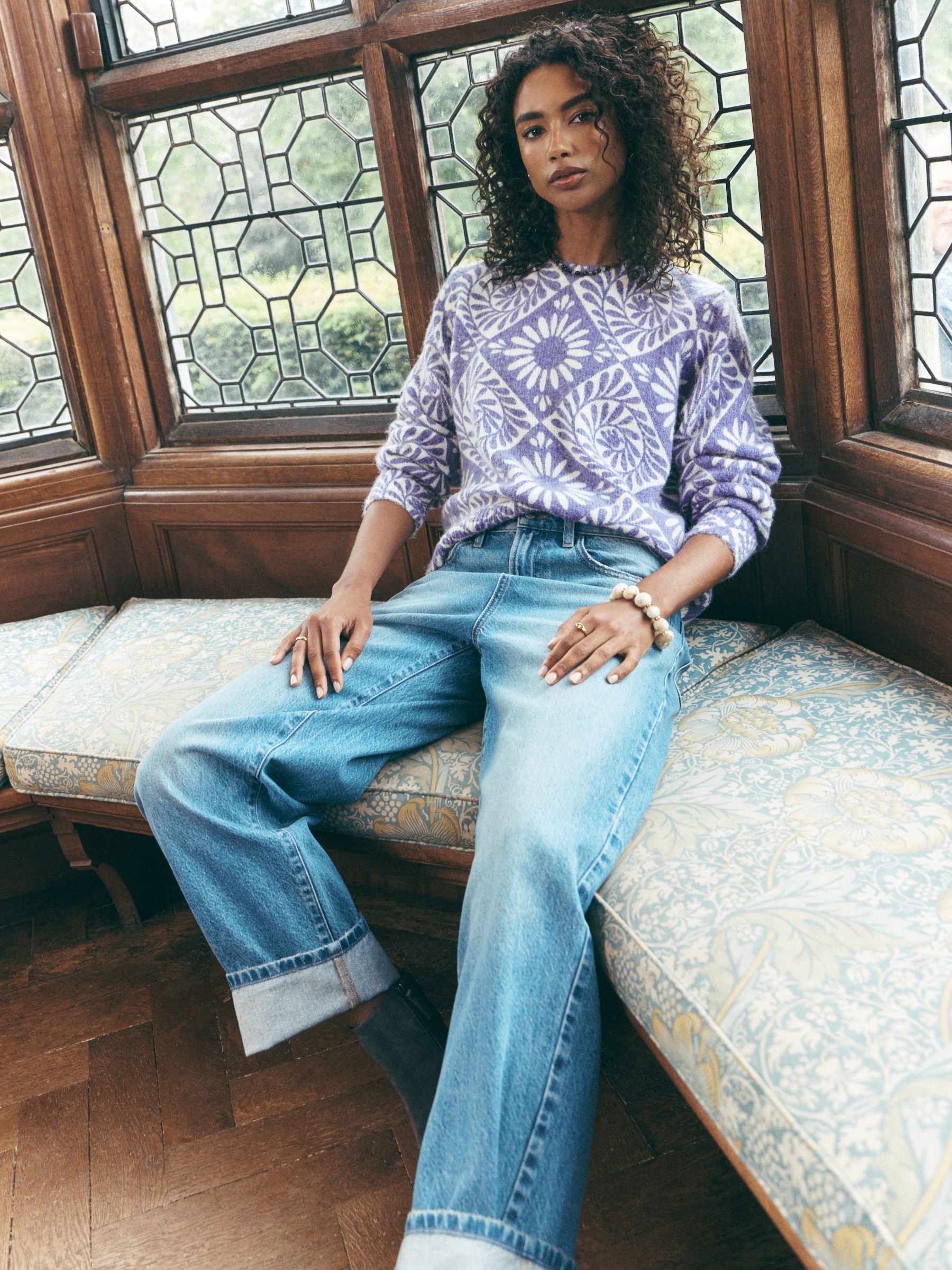 Long Sleeve Crew Neck Knitted Jumper With Wool - Purple Floral National Trust X Next - Regular - Location Worn