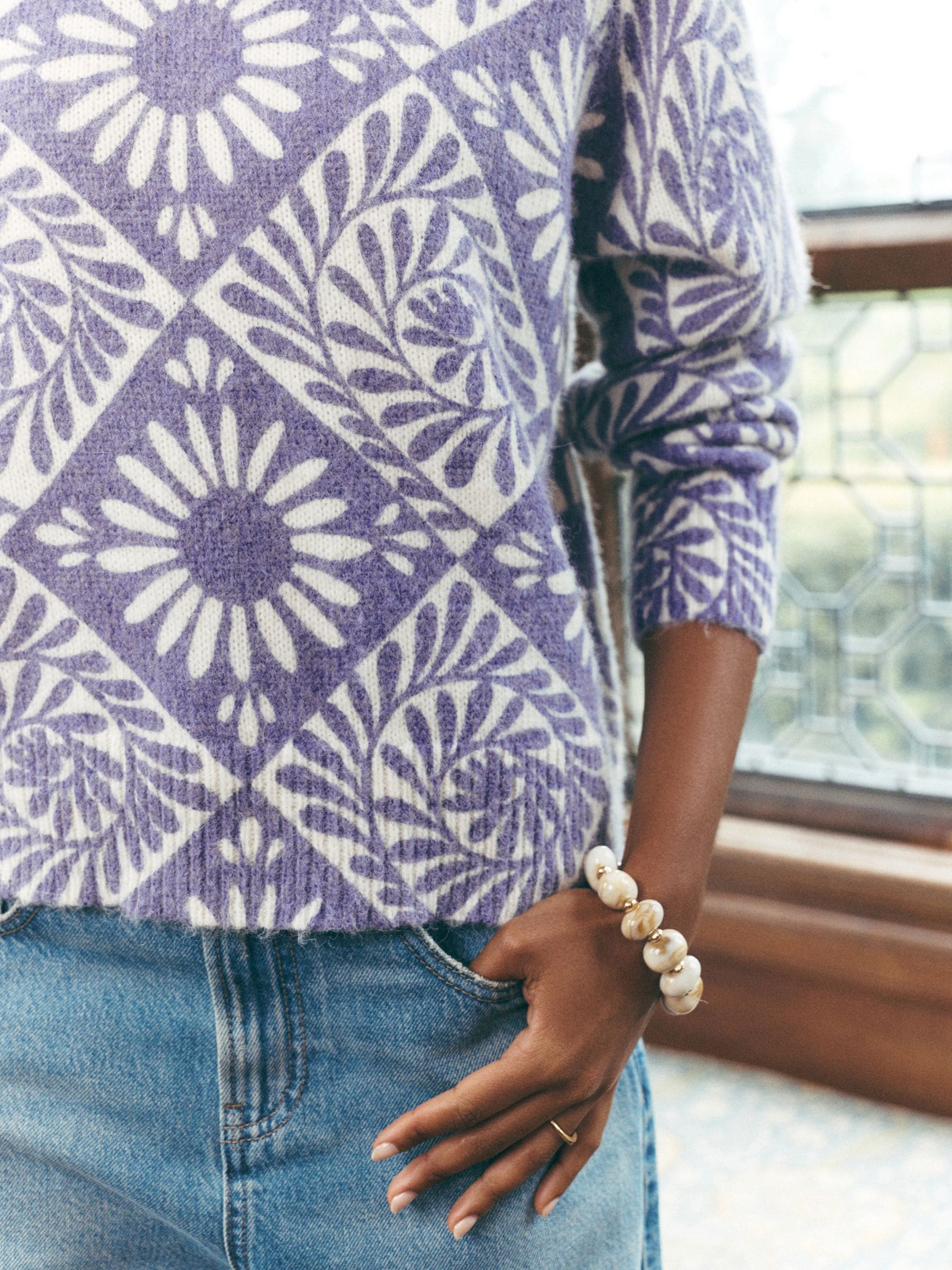 Long Sleeve Crew Neck Knitted Jumper With Wool - Purple Floral National Trust X Next - Regular - Location Worn