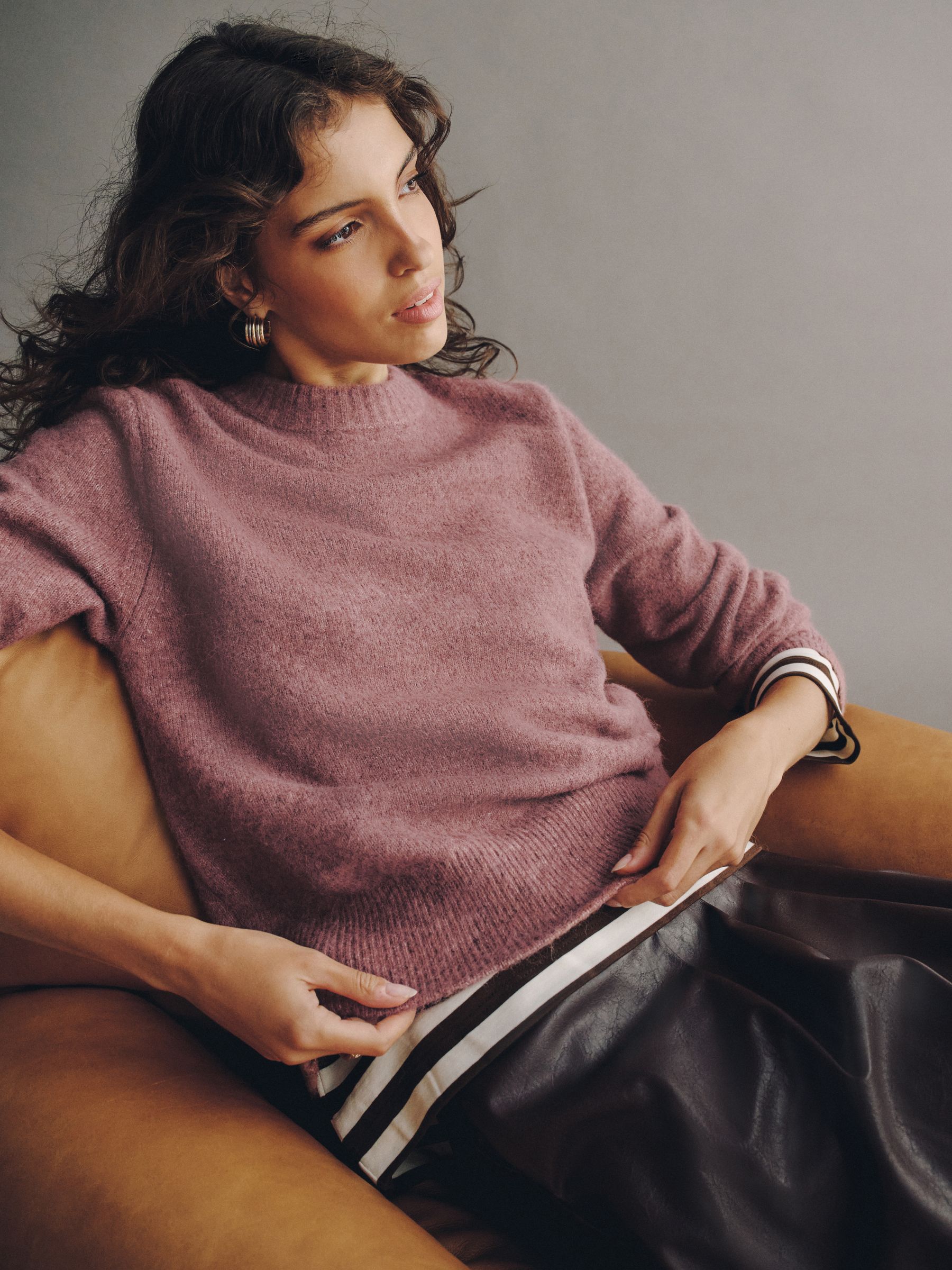 Long Sleeve Crew Neck Knitted Jumper With Wool - Mauve Pink - Regular - SIP Worn
