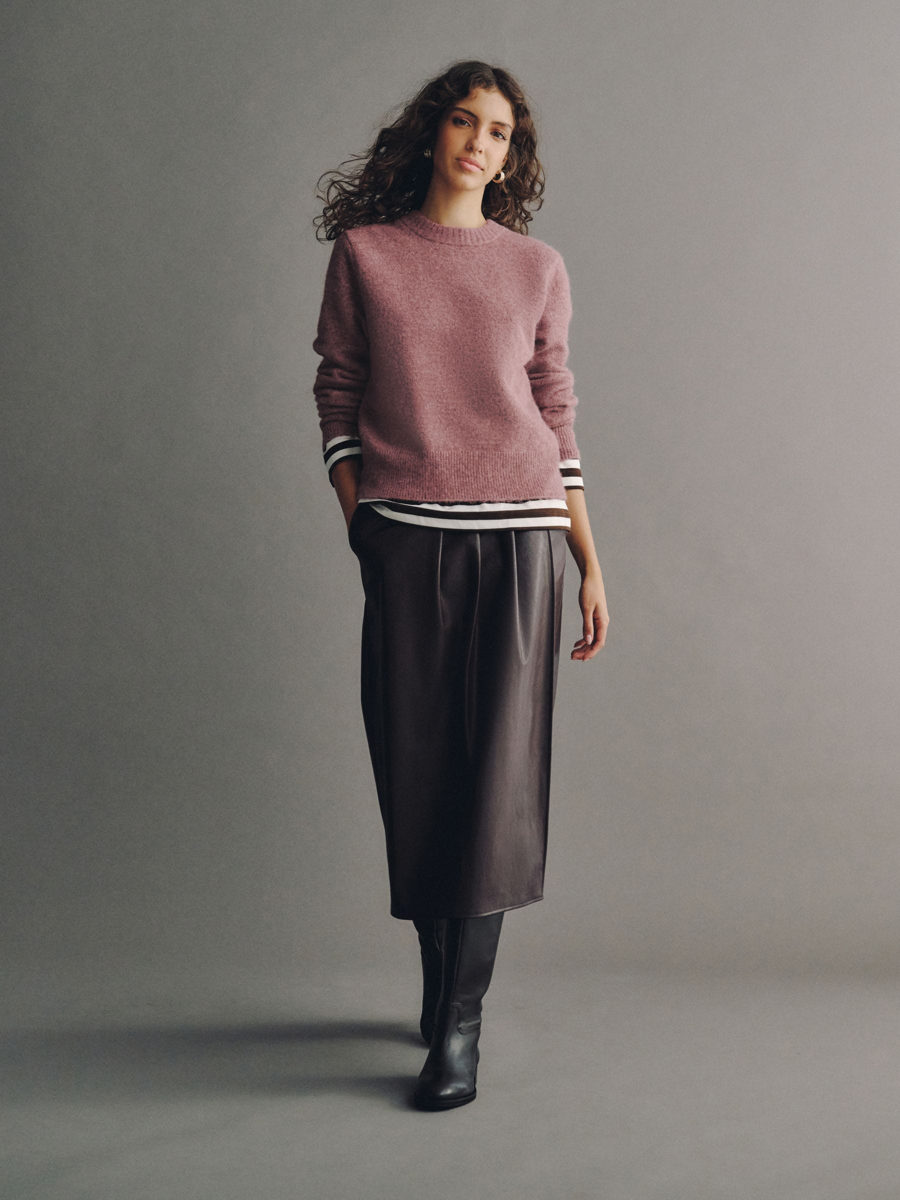 Long Sleeve Crew Neck Knitted Jumper With Wool - Mauve Pink - Regular - SIP Worn