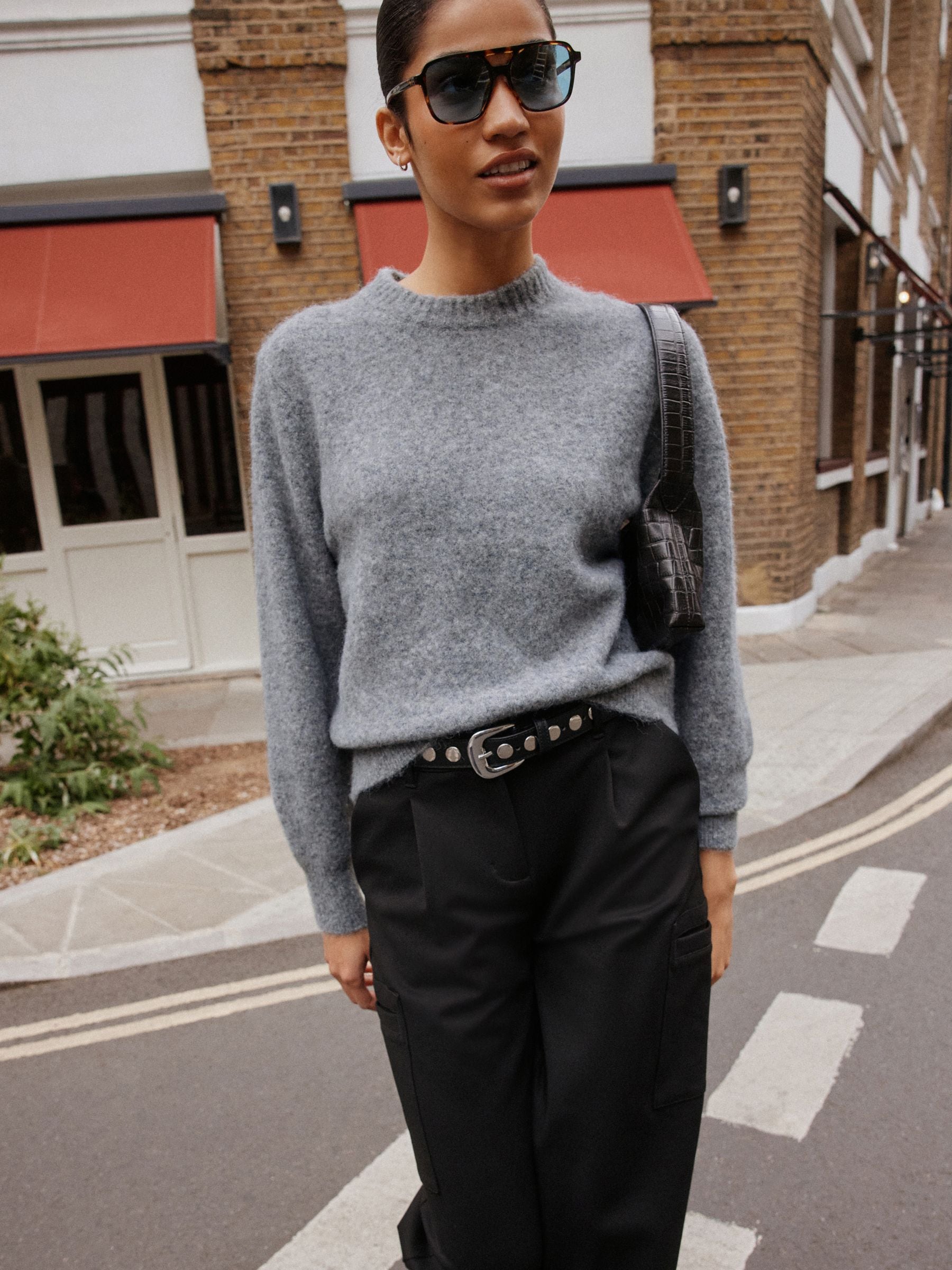 Long Sleeve Crew Neck Knitted Jumper With Wool - Grey Marl - Regular - Location Worn