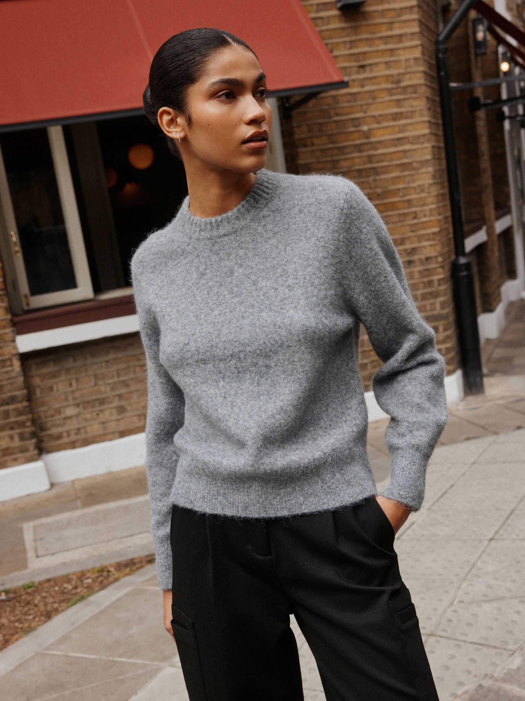 Long Sleeve Crew Neck Knitted Jumper With Wool - Grey Marl - Regular - Location Worn