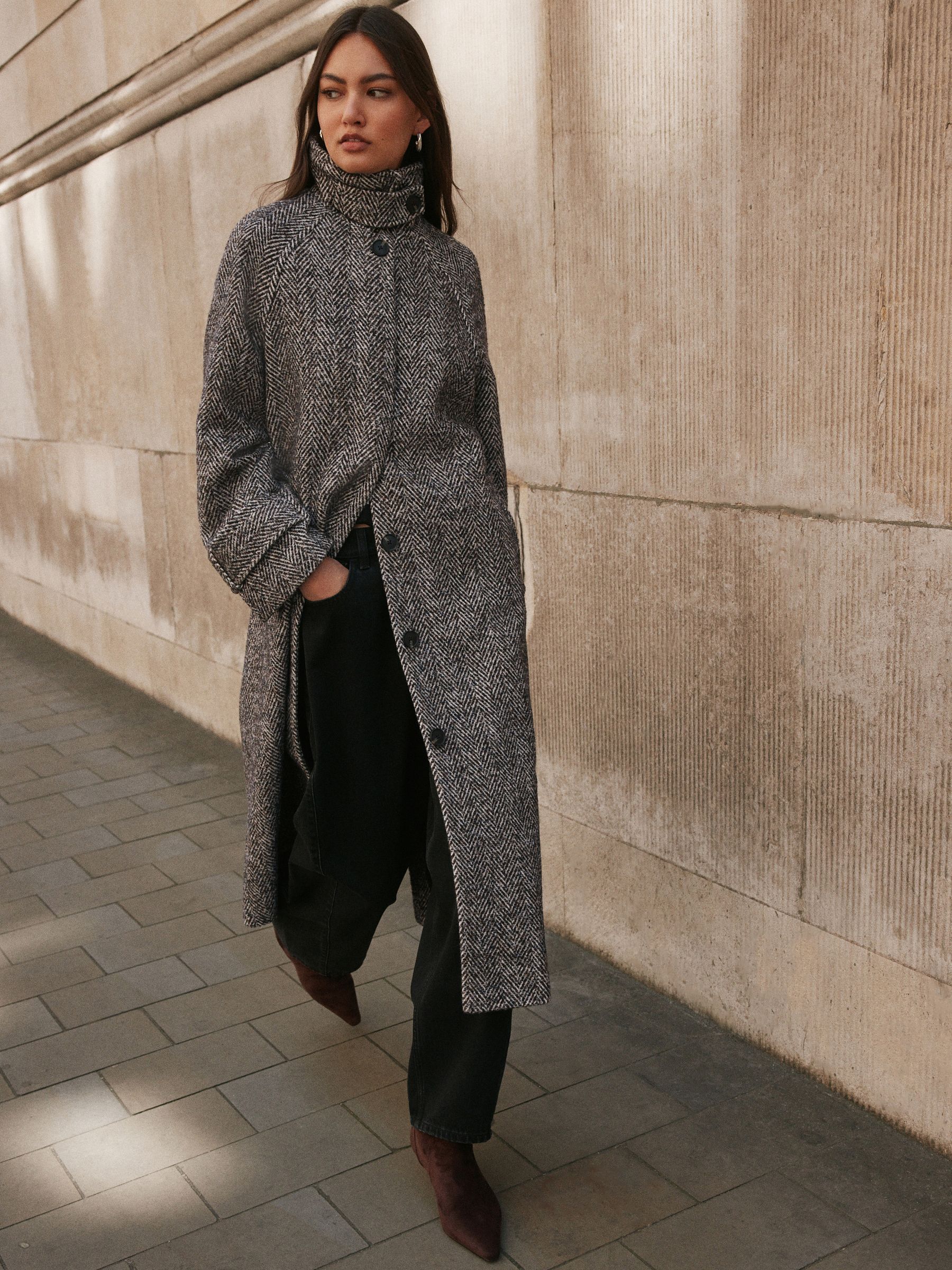 Herringbone Funnel Neck Longline Coat With Wool - Chocolate Brown Textured - Regular - Location Worn