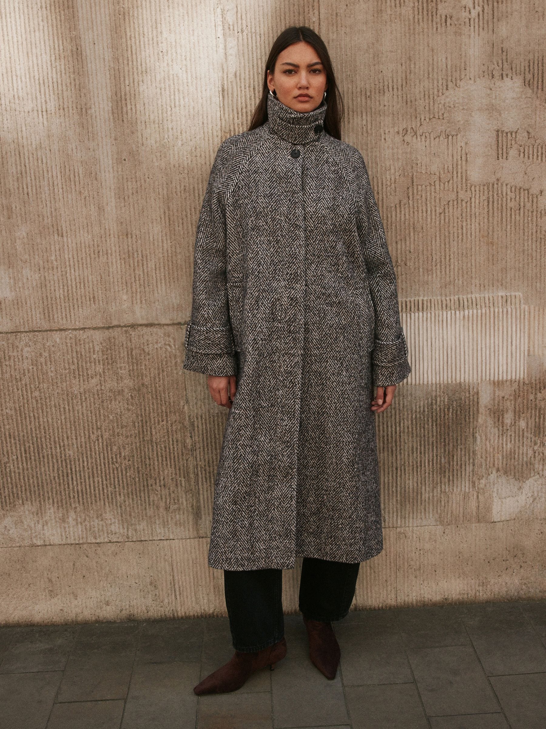 Herringbone Funnel Neck Longline Coat With Wool - Chocolate Brown Textured - Regular - Location Worn