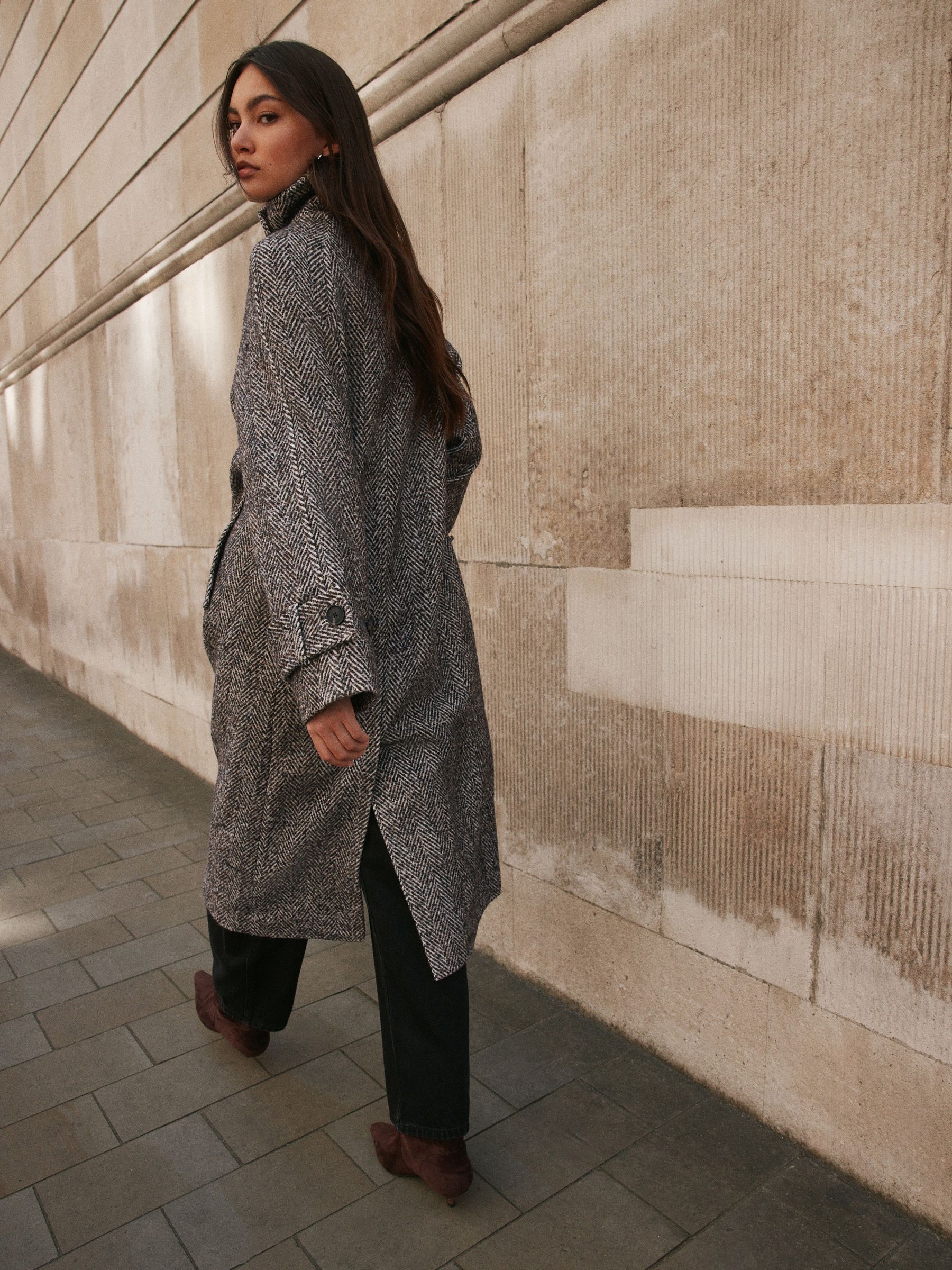 Herringbone Funnel Neck Longline Coat With Wool - Chocolate Brown Textured - Regular - Location Worn