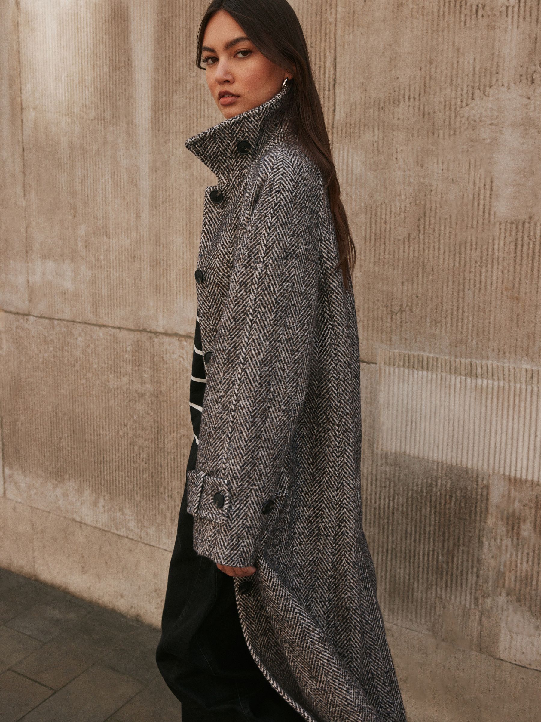 Herringbone Funnel Neck Longline Coat With Wool - Chocolate Brown Textured - Regular - Location Worn