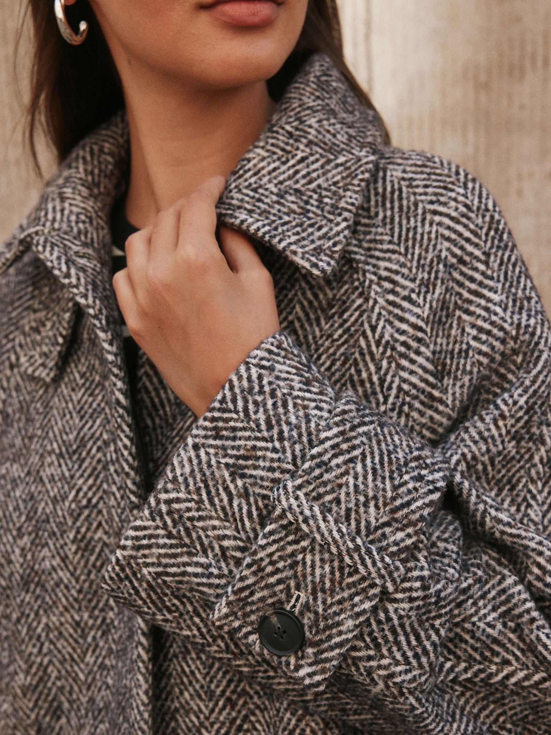 Herringbone Funnel Neck Longline Coat With Wool - Chocolate Brown Textured - Regular - Location Worn