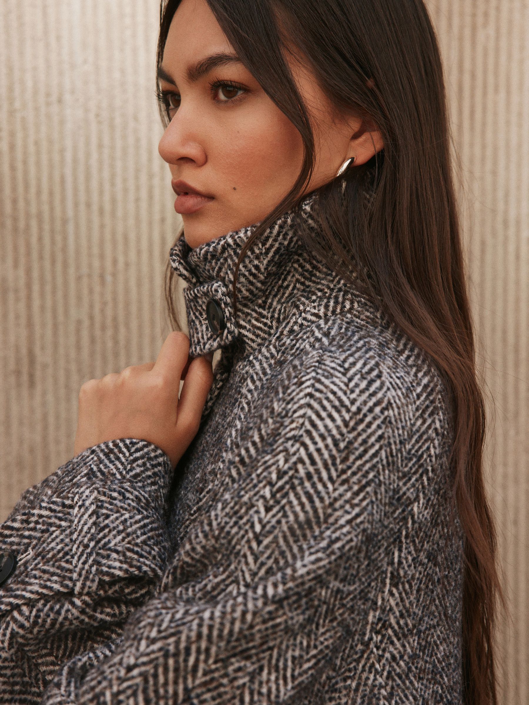 Herringbone Funnel Neck Longline Coat With Wool - Chocolate Brown Textured - Regular - Location Worn