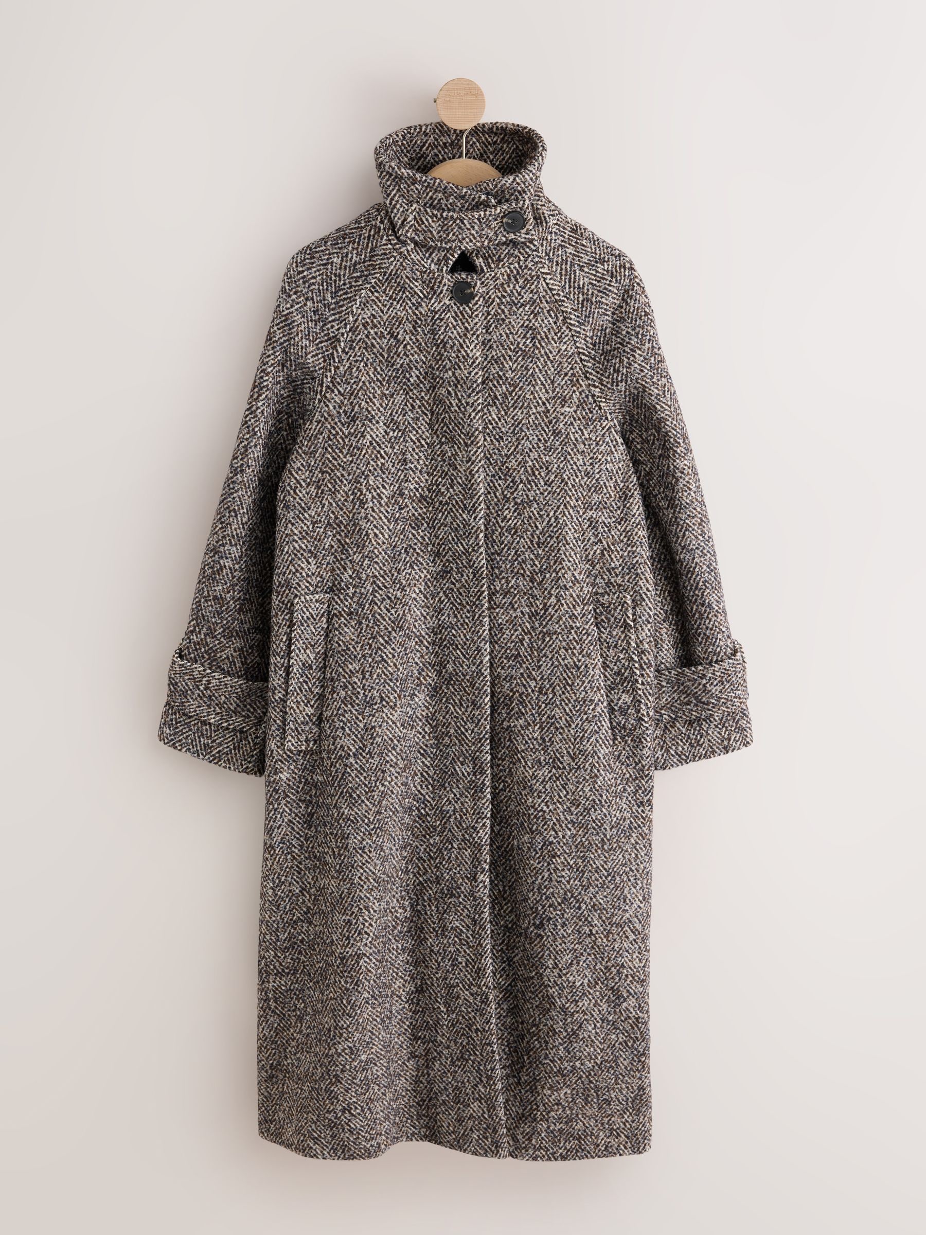 Herringbone Funnel Neck Longline Coat With Wool - Chocolate Brown Textured - Regular - SIP Still Life