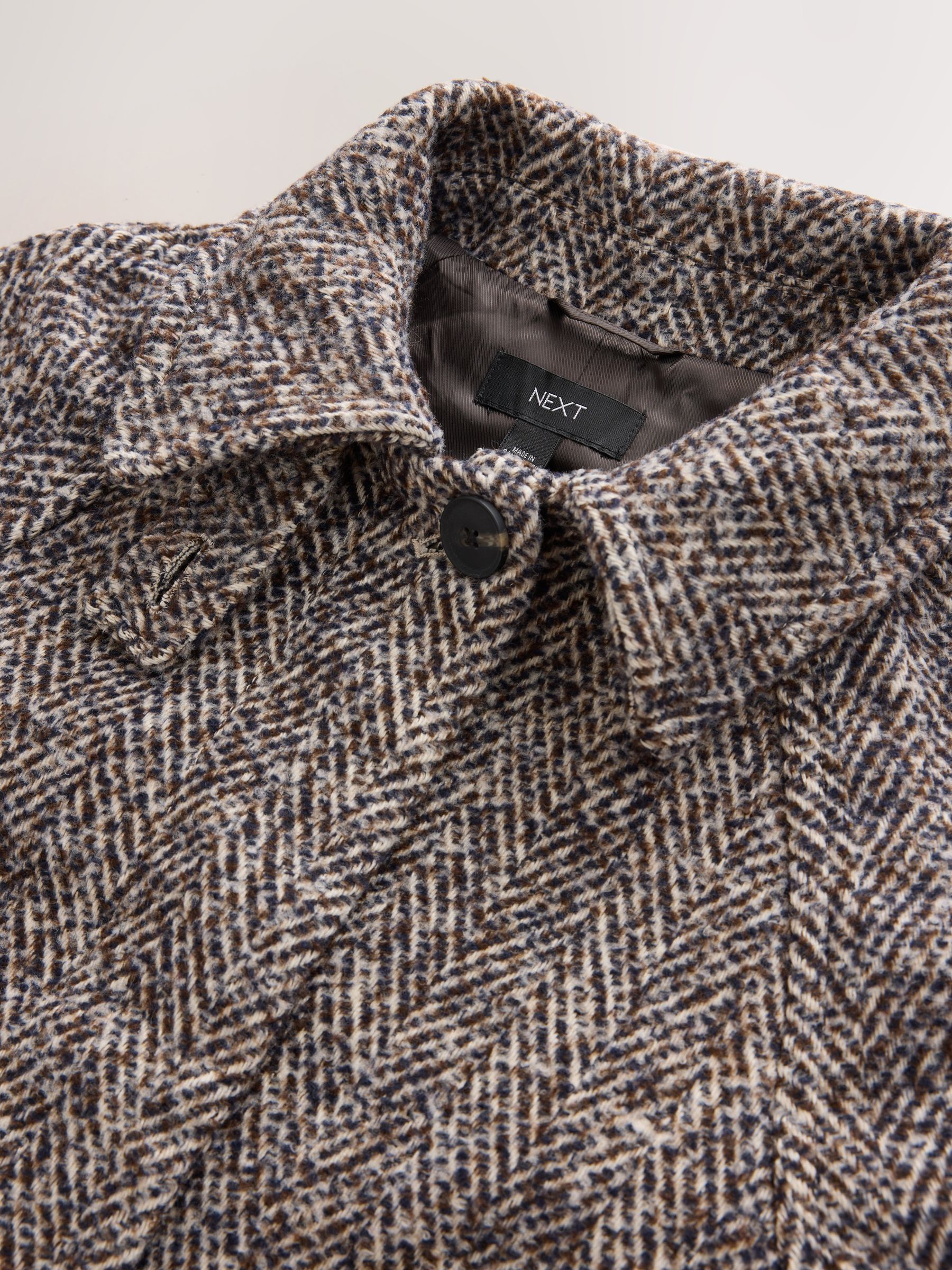 Herringbone Funnel Neck Longline Coat With Wool - Chocolate Brown Textured - Regular - SIP Still Life