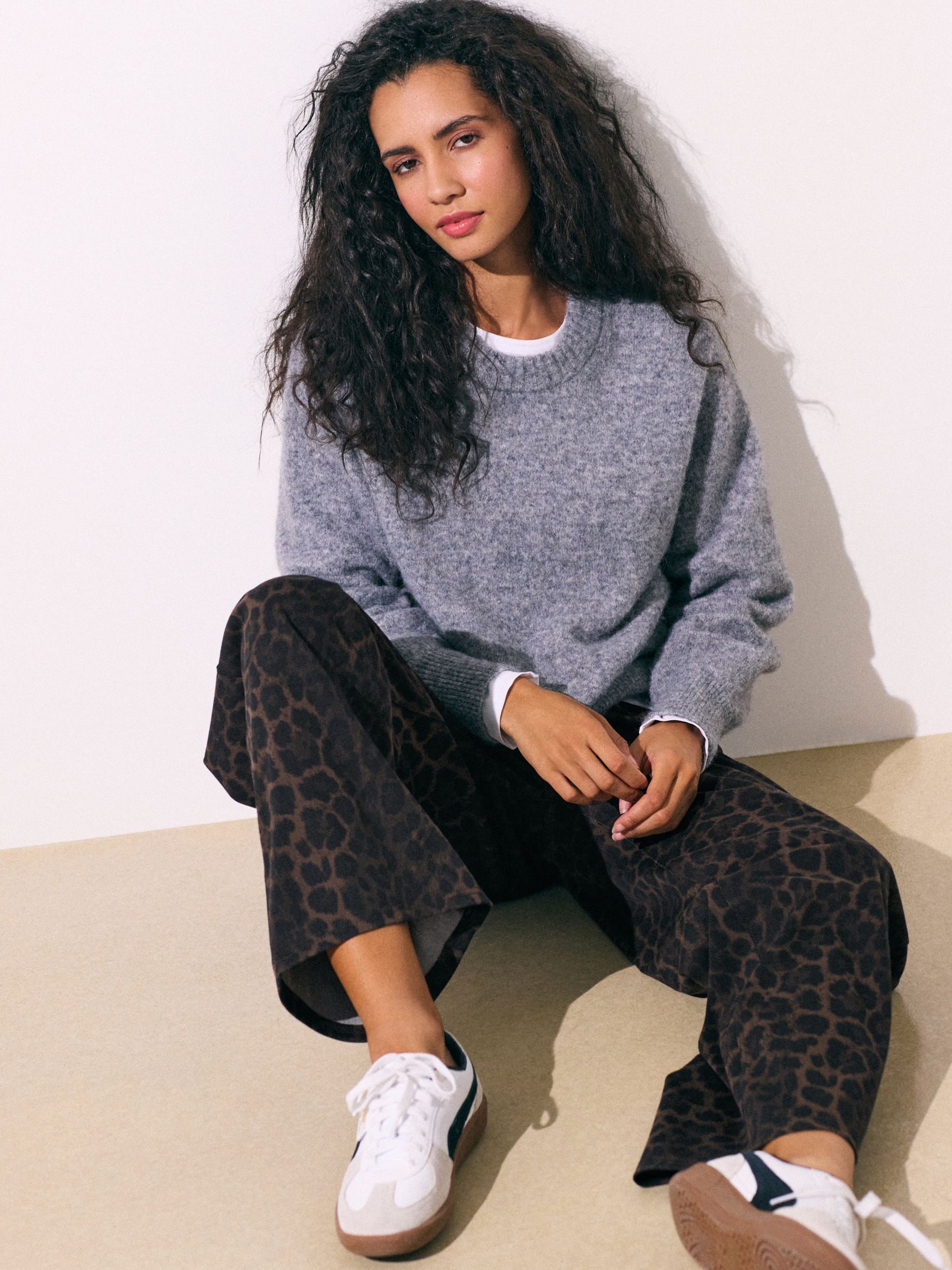 Jersey Denim Wide Leg Trousers - Leopard - Regular - Location Worn