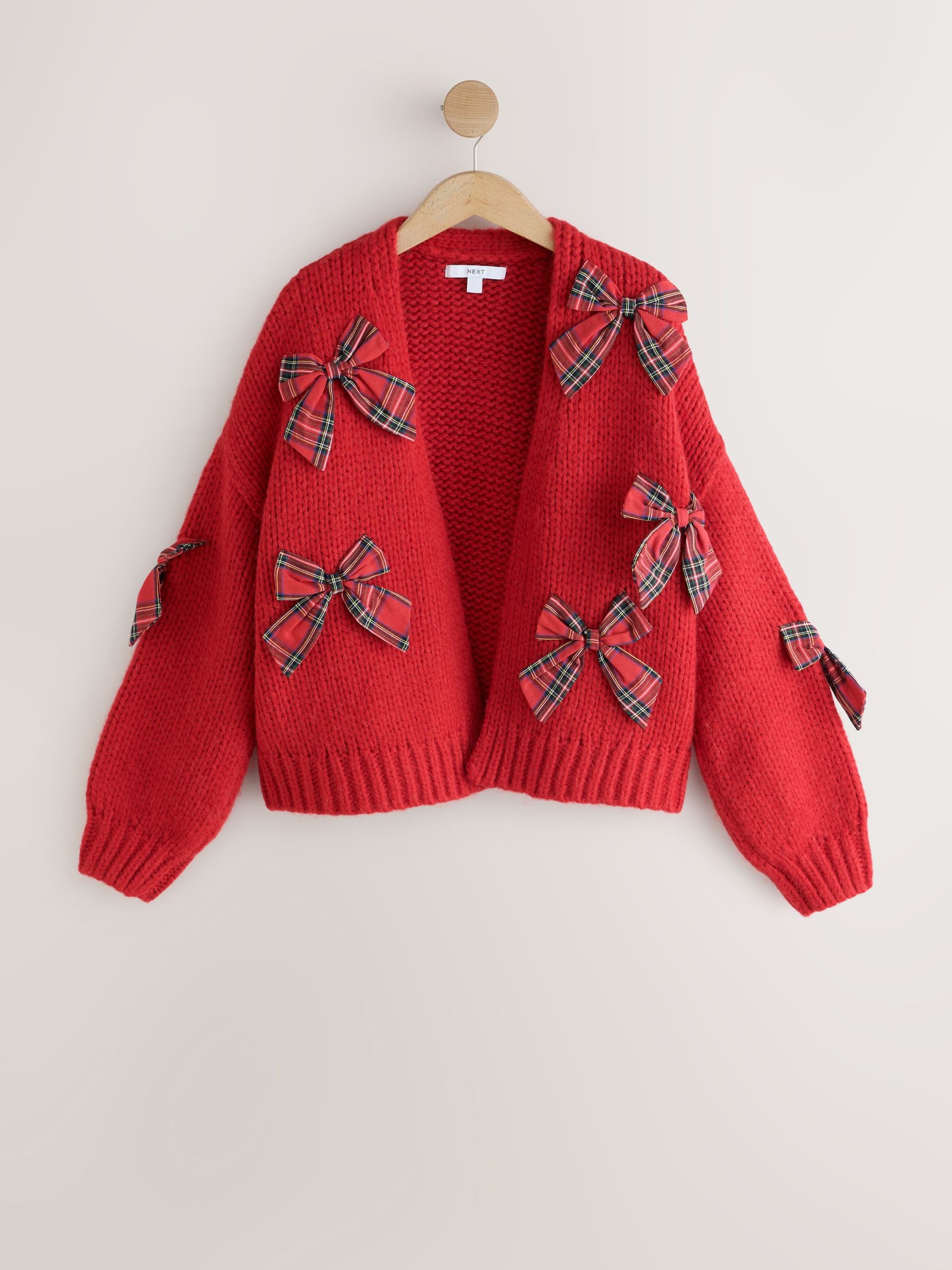Soft Touch Chunky Knit Open Cardigan - Red 3D Tartan Bow - Regular - SIP Still Life