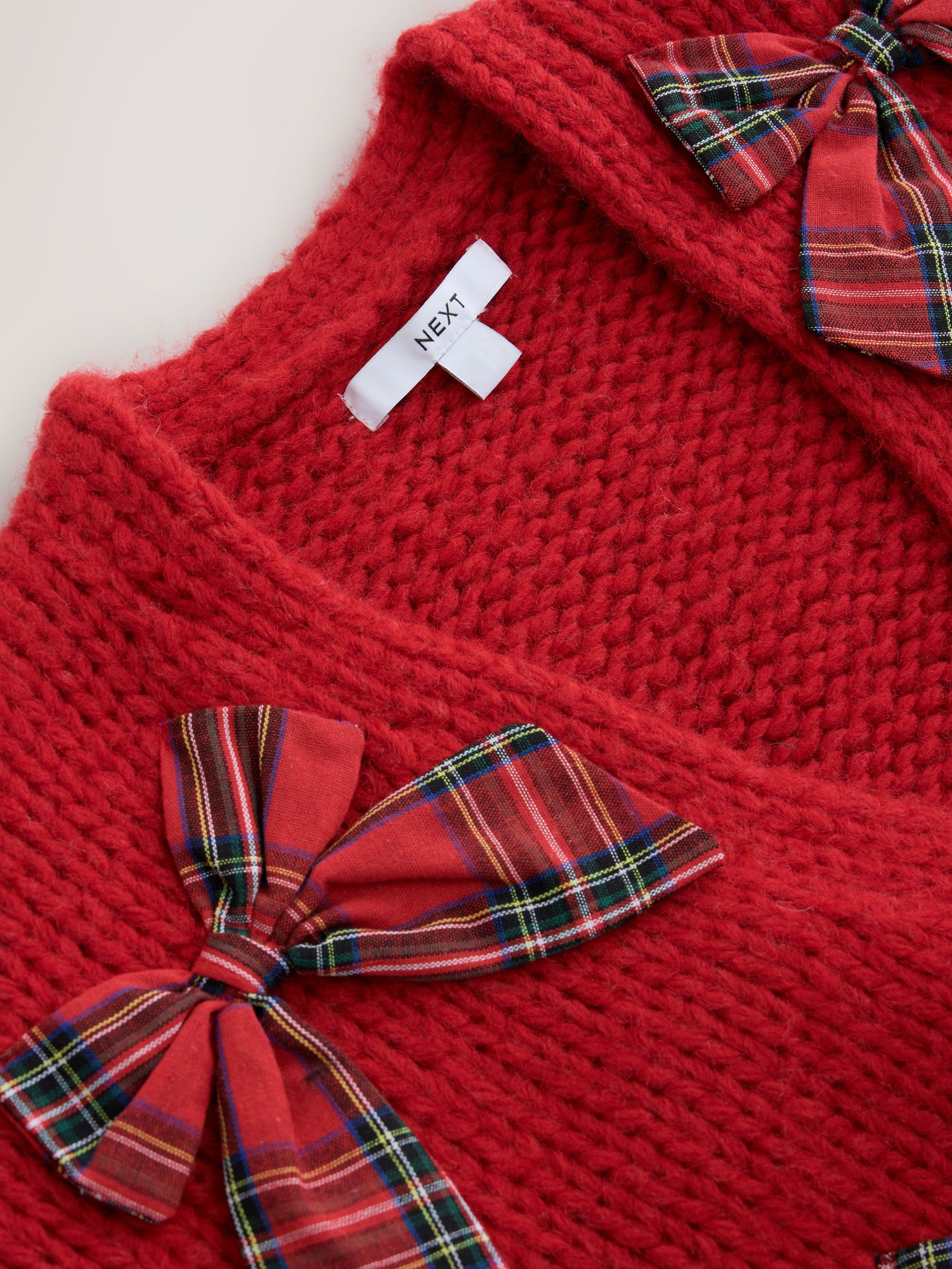 Soft Touch Chunky Knit Open Cardigan - Red 3D Tartan Bow - Regular - SIP Still Life