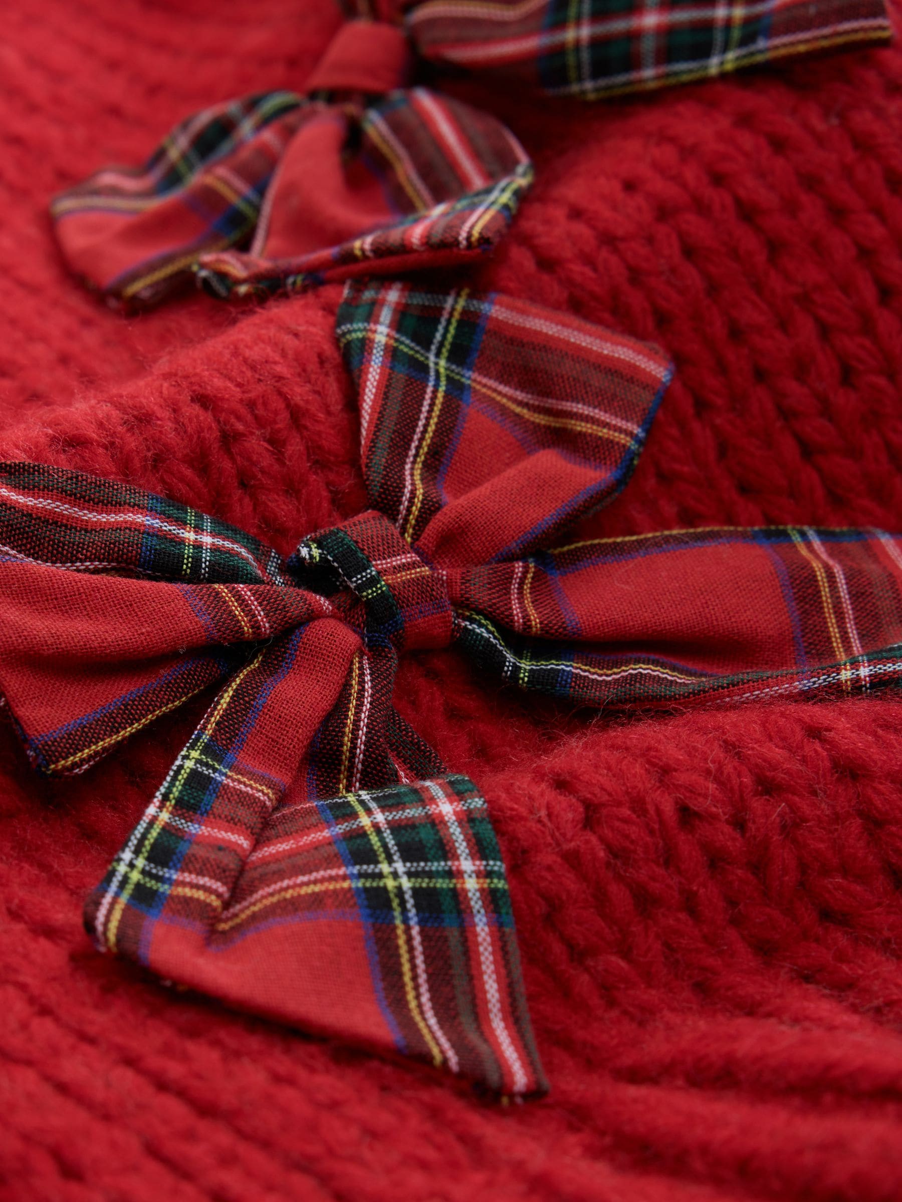 Soft Touch Chunky Knit Open Cardigan - Red 3D Tartan Bow - Regular - SIP Still Life