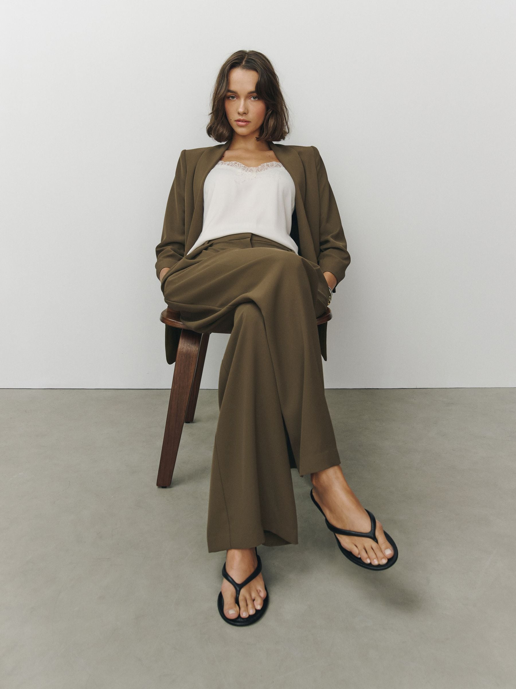 Elastic Back Wide Leg Trousers - Olive Green - Regular - SIP Worn