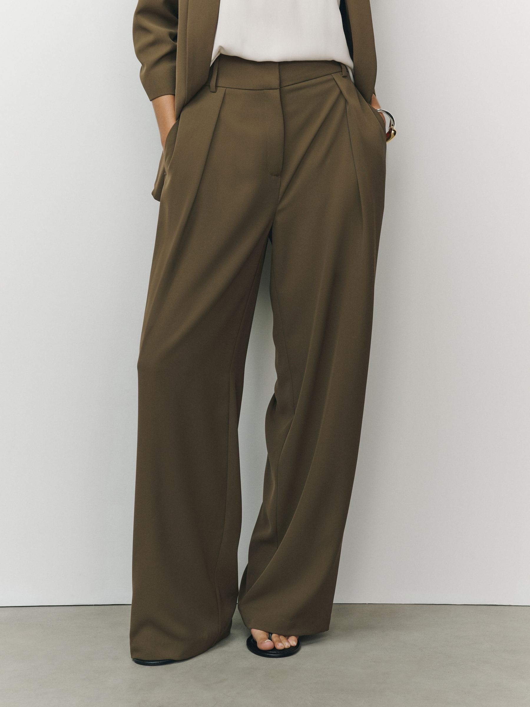Elastic Back Wide Leg Trousers - Olive Green - Regular - SIP Worn