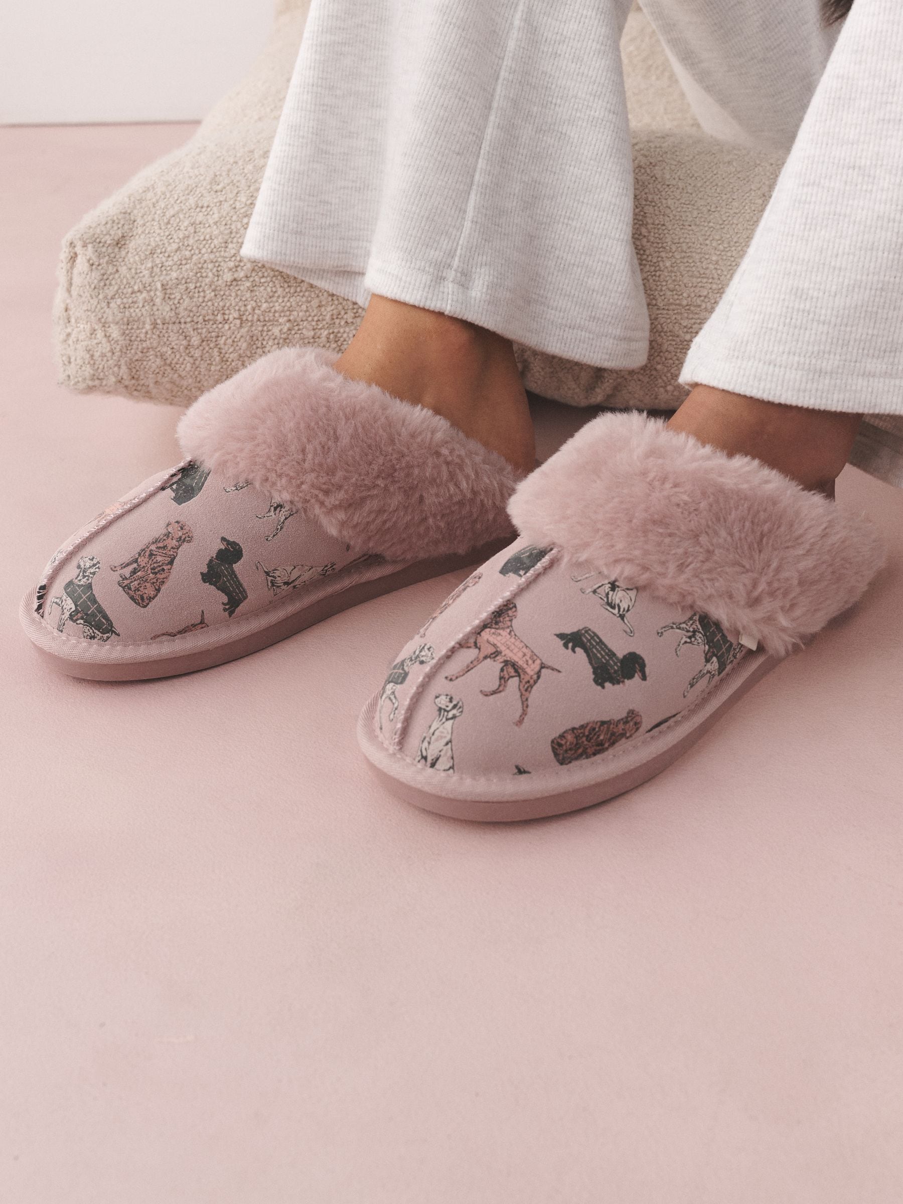 Faux Fur Lined Suede Mule Slippers - Pink - Regular - SIP Worn