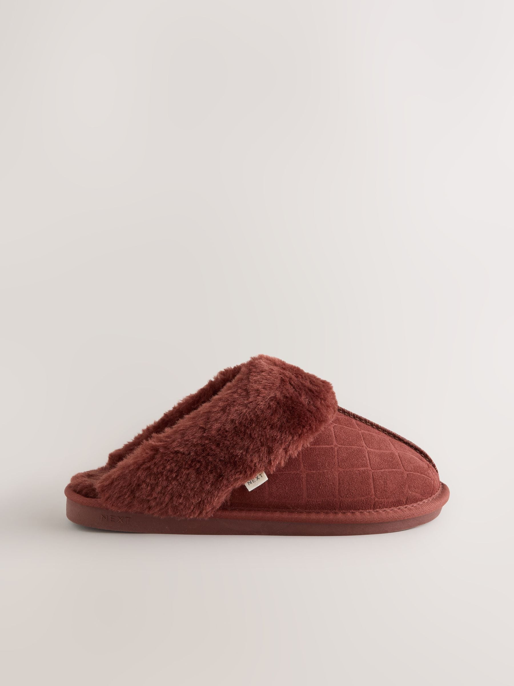 Faux Fur Lined Suede Mule Slippers - Burgundy Red Croc - Regular - SIP Still Life