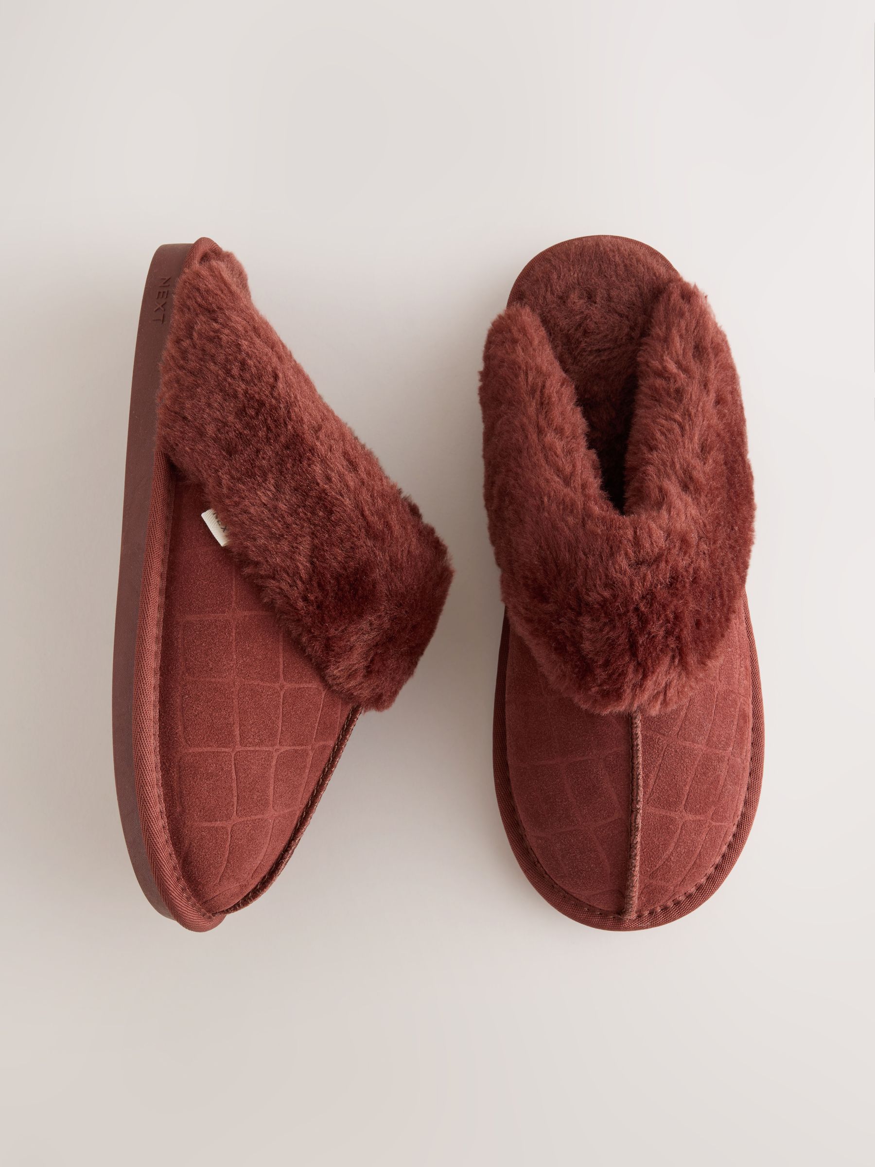 Faux Fur Lined Suede Mule Slippers - Burgundy Red Croc - Regular - SIP Still Life