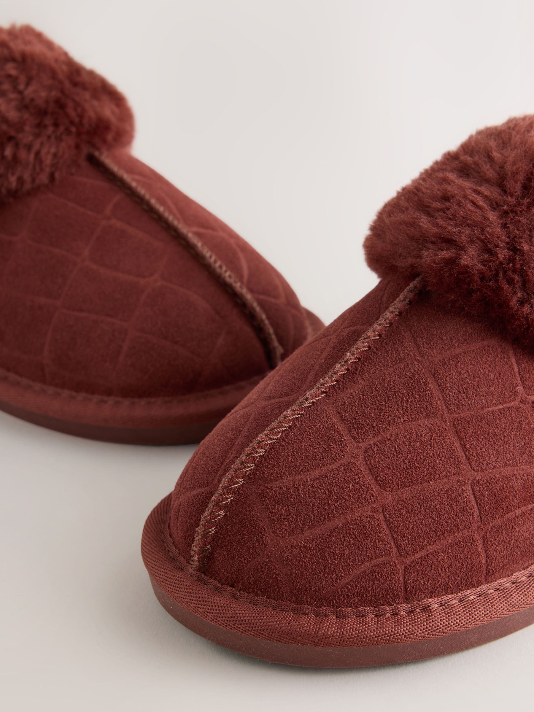 Faux Fur Lined Suede Mule Slippers - Burgundy Red Croc - Regular - SIP Still Life