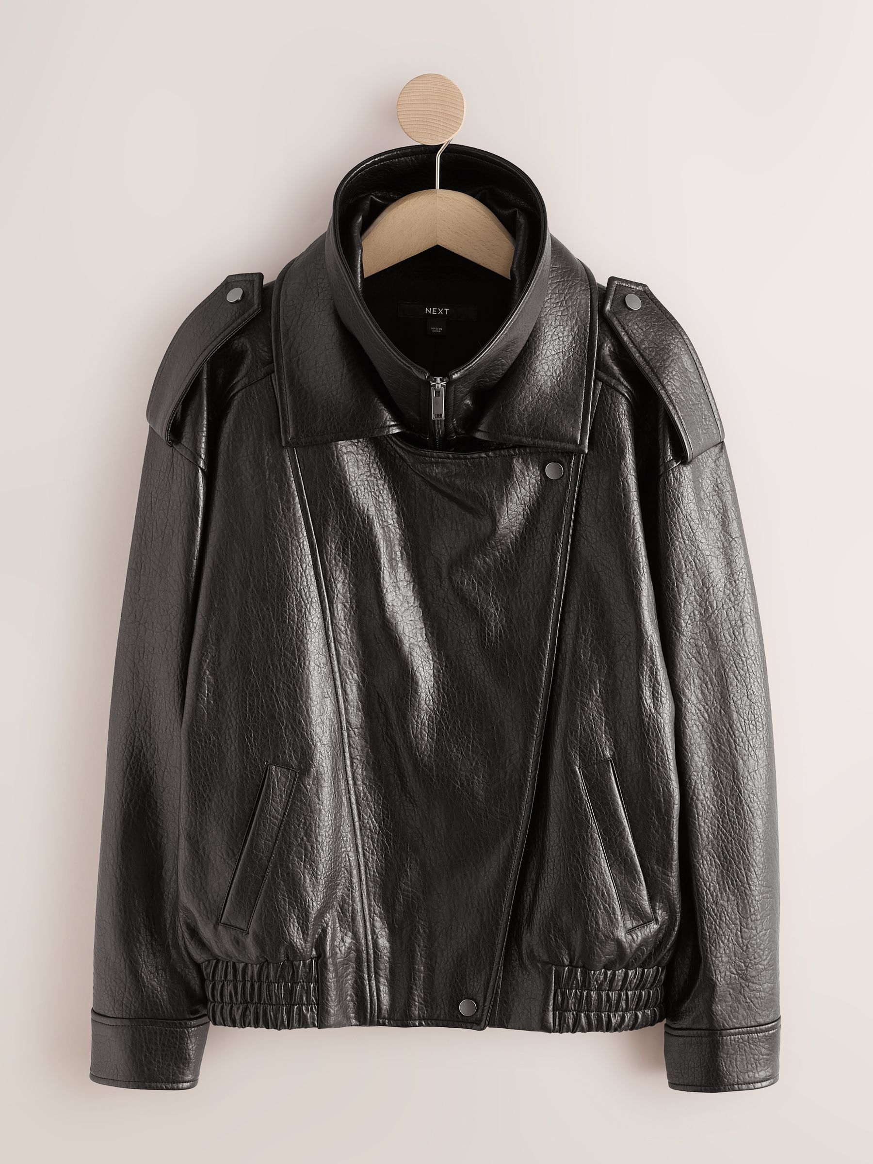 Textured Faux Leather Funnel Neck Bomber Jacket - Black - Regular - SIP Still Life