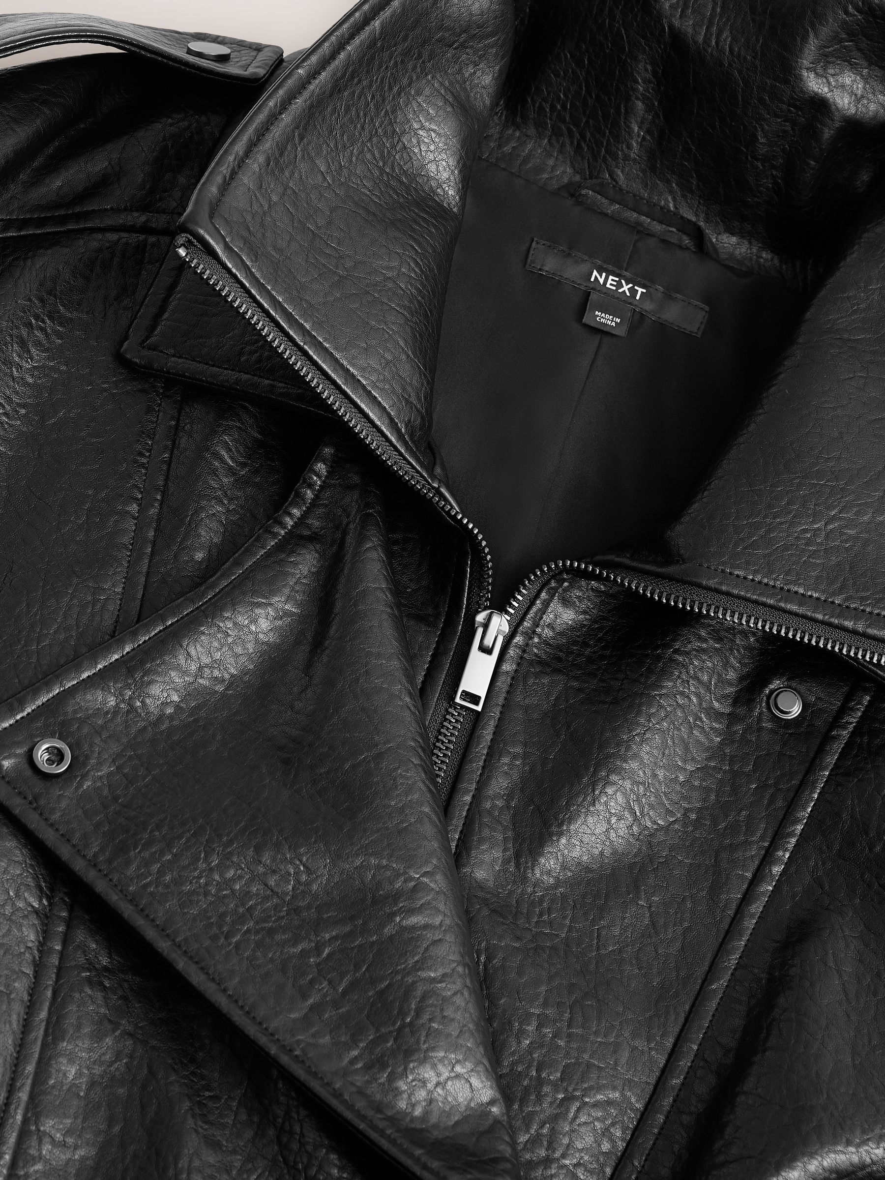 Textured Faux Leather Funnel Neck Bomber Jacket - Black - Regular - SIP Still Life