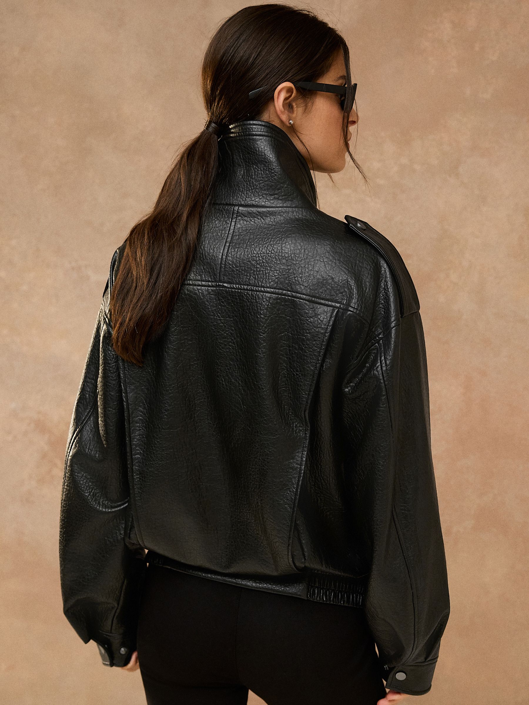 Textured Faux Leather Funnel Neck Bomber Jacket - Black - Regular - Location Worn