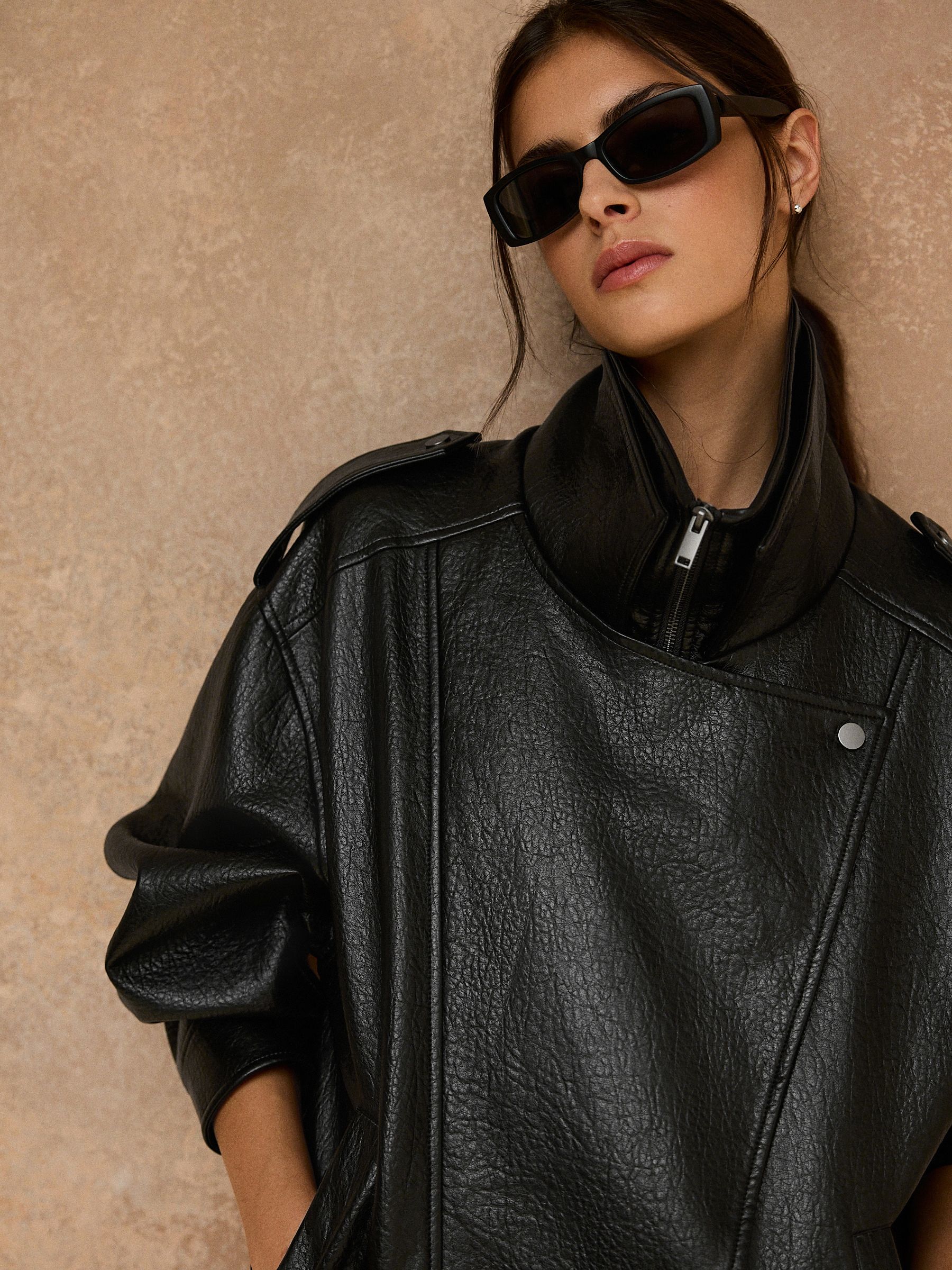 Textured Faux Leather Funnel Neck Bomber Jacket - Black - Regular - Location Worn