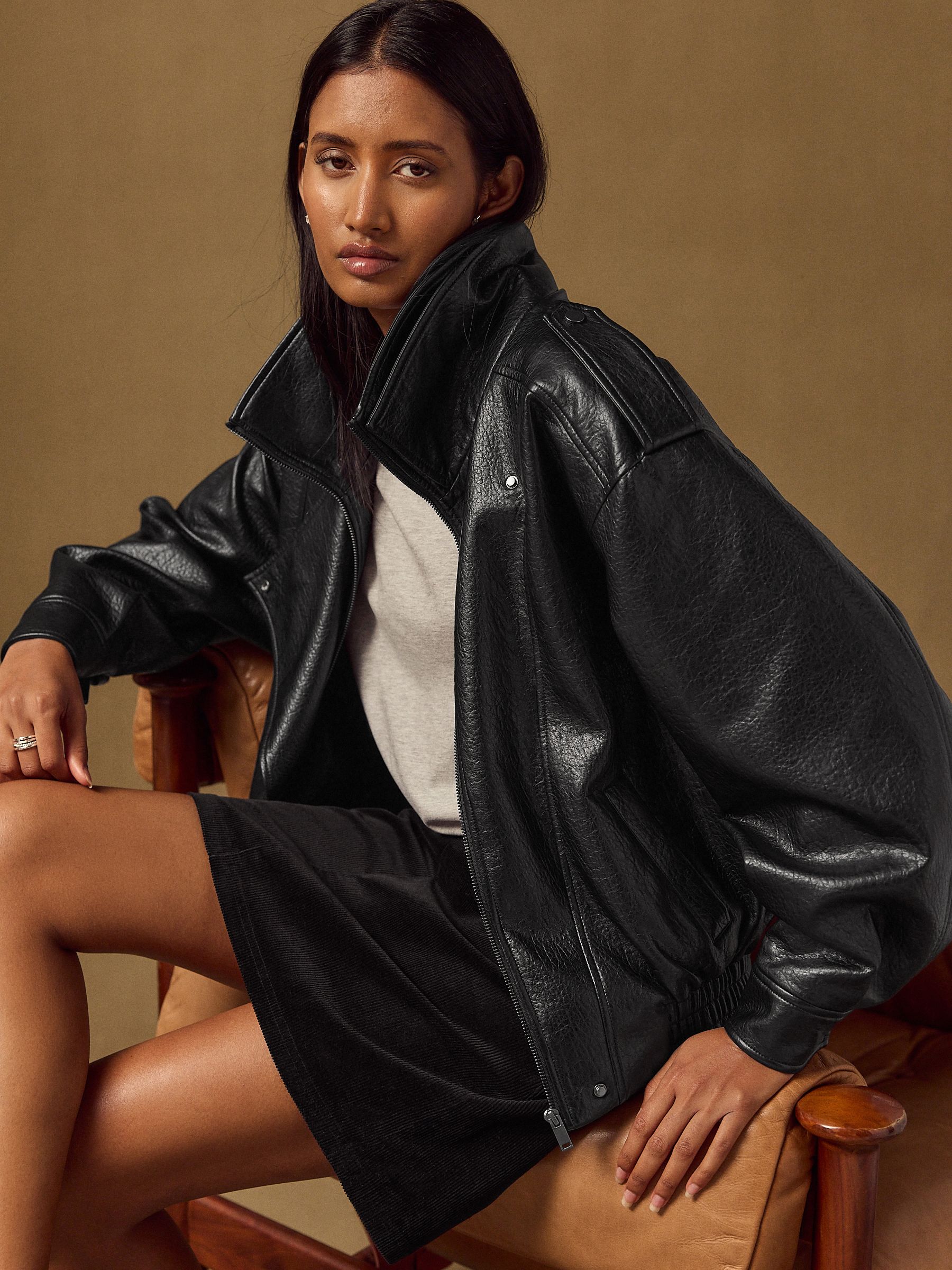 Textured Faux Leather Funnel Neck Bomber Jacket - Black - Regular - Location Worn