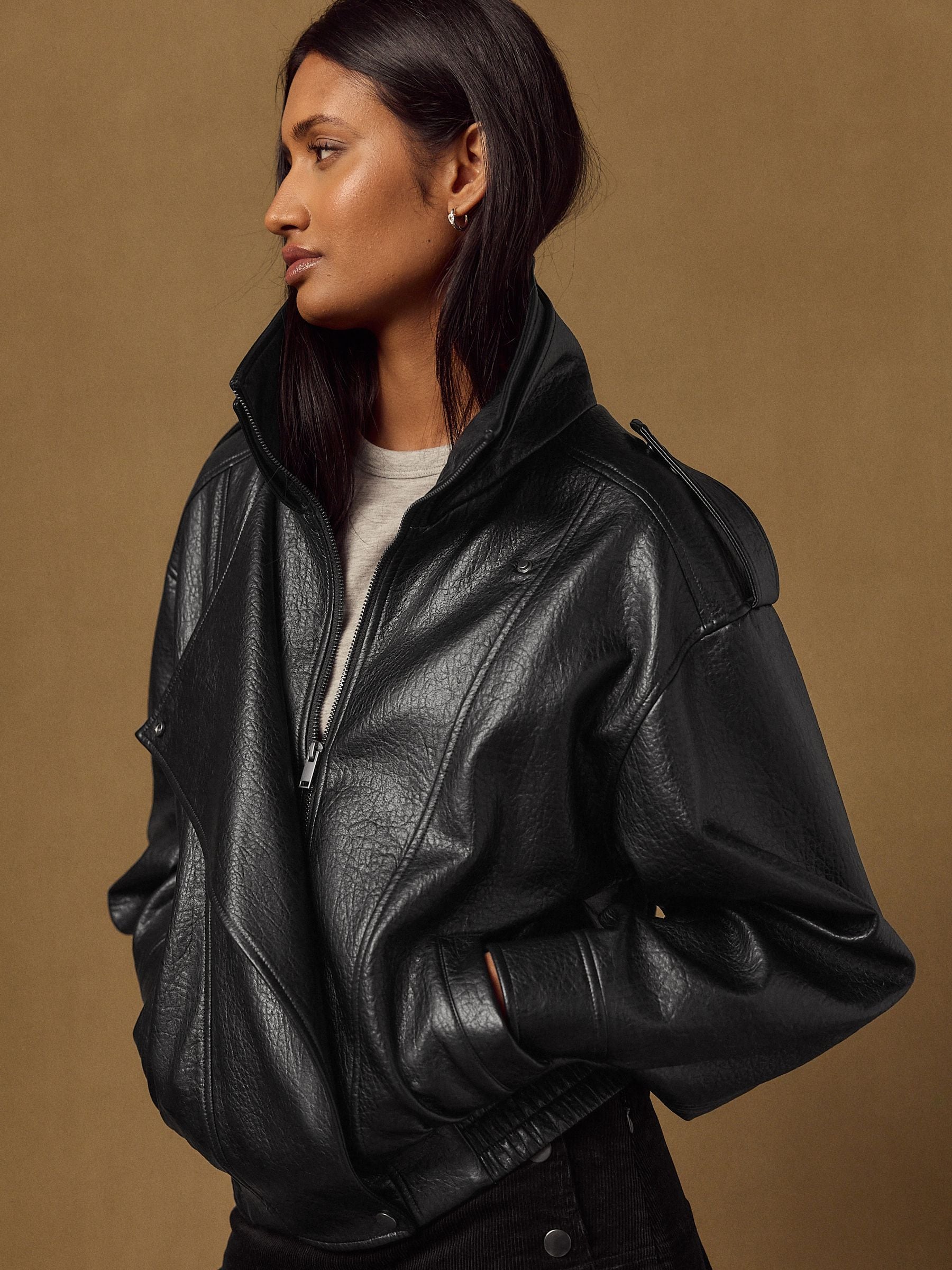 Textured Faux Leather Funnel Neck Bomber Jacket - Black - Regular - Location Worn