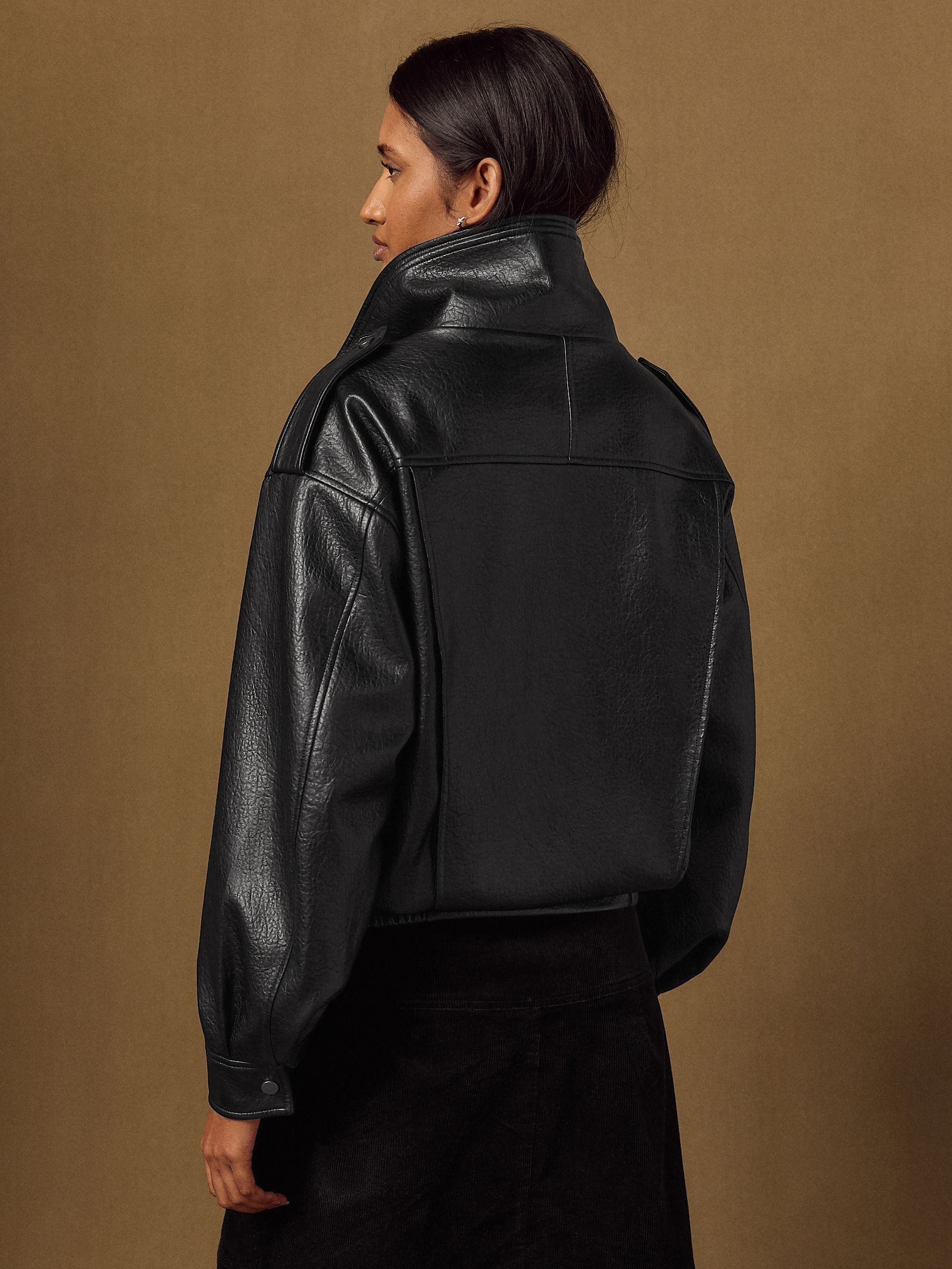 Textured Faux Leather Funnel Neck Bomber Jacket - Black - Regular - Location Worn
