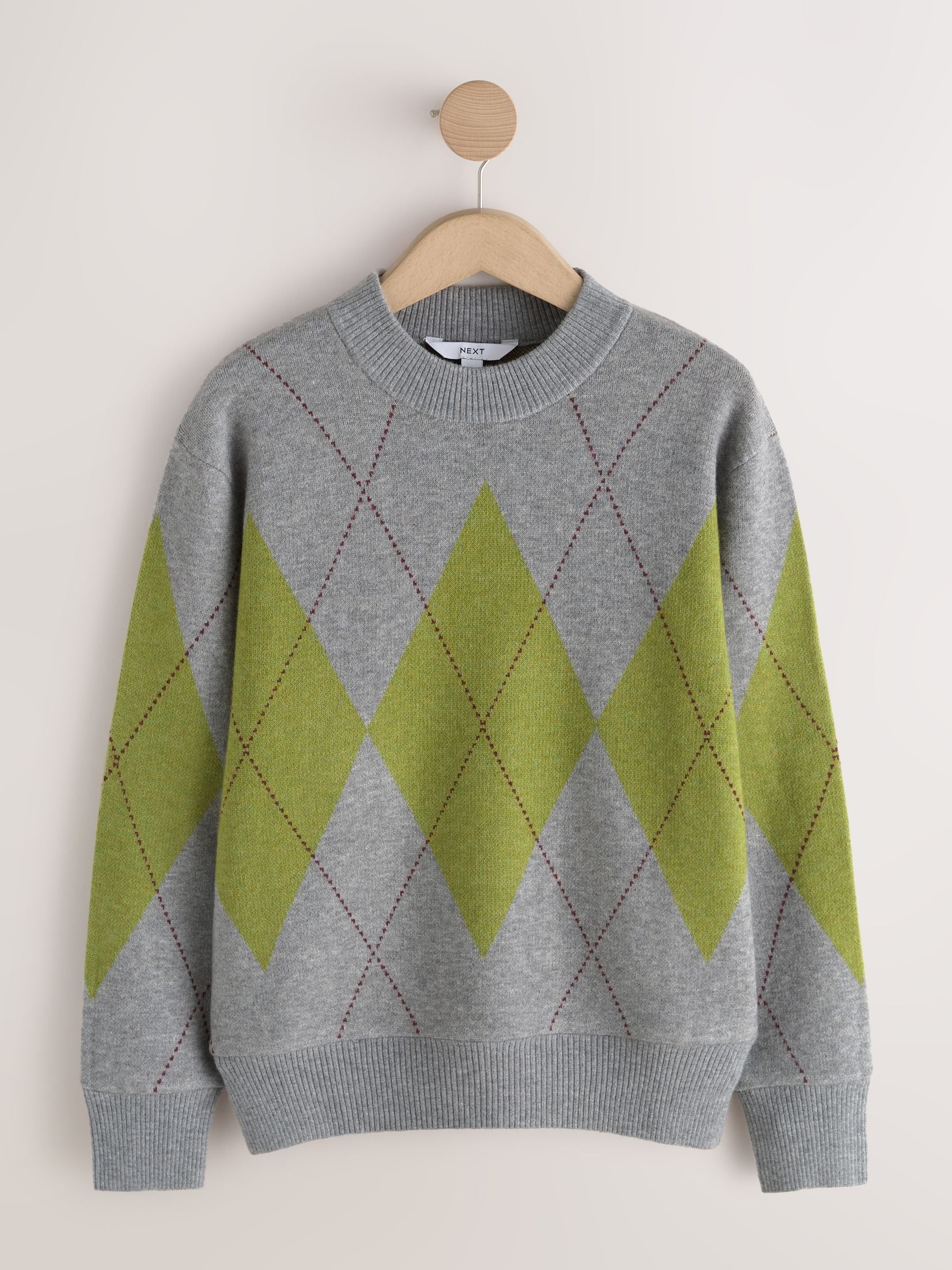 Long Sleeve Crew Neck Cosy Knit Jumper - Grey/Green Arygle - Regular - SIP Still Life