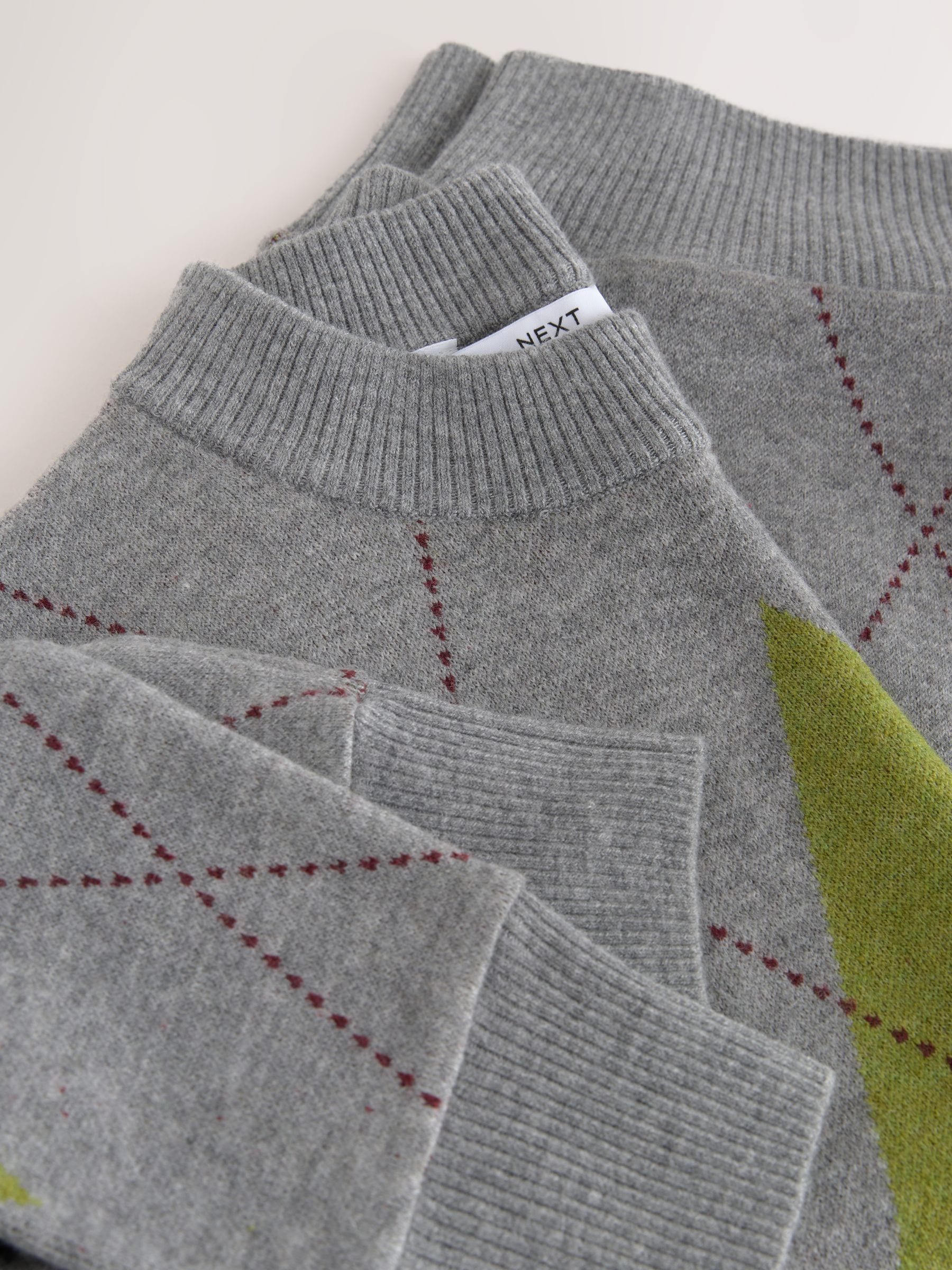 Long Sleeve Crew Neck Cosy Knit Jumper - Grey/Green Arygle - Regular - SIP Still Life