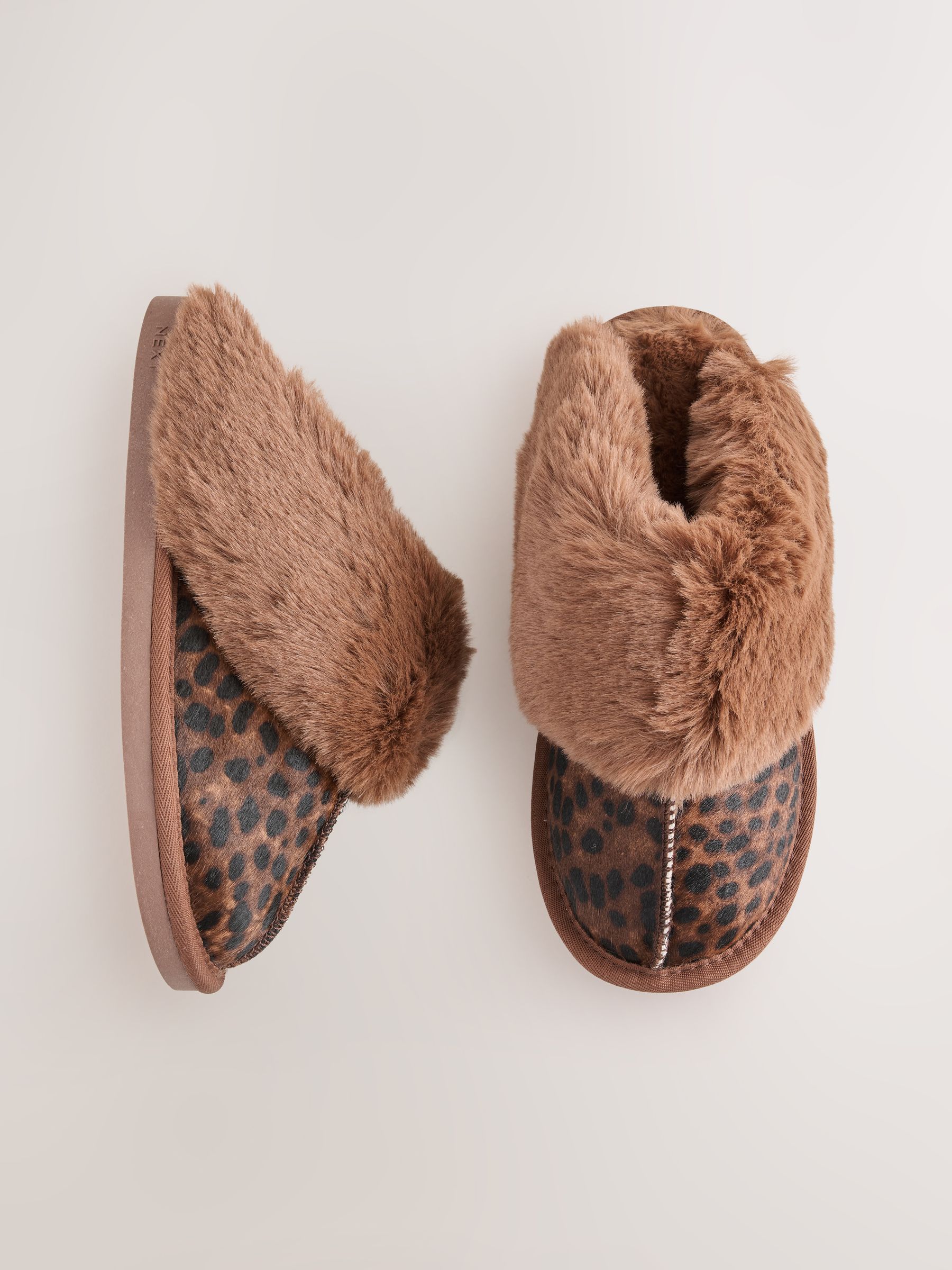 Faux Fur Lined Suede Mule Slippers - Animal/Brown - Regular - SIP Still Life